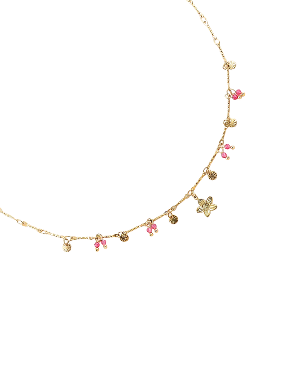 Collier doré Cassilde fleur agate fuchsia