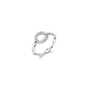 Bague en argent Rosaly zircons aux mailles entrelacées avec un anneau central orné de zircons - Bijou photographié sur fond blanc 
