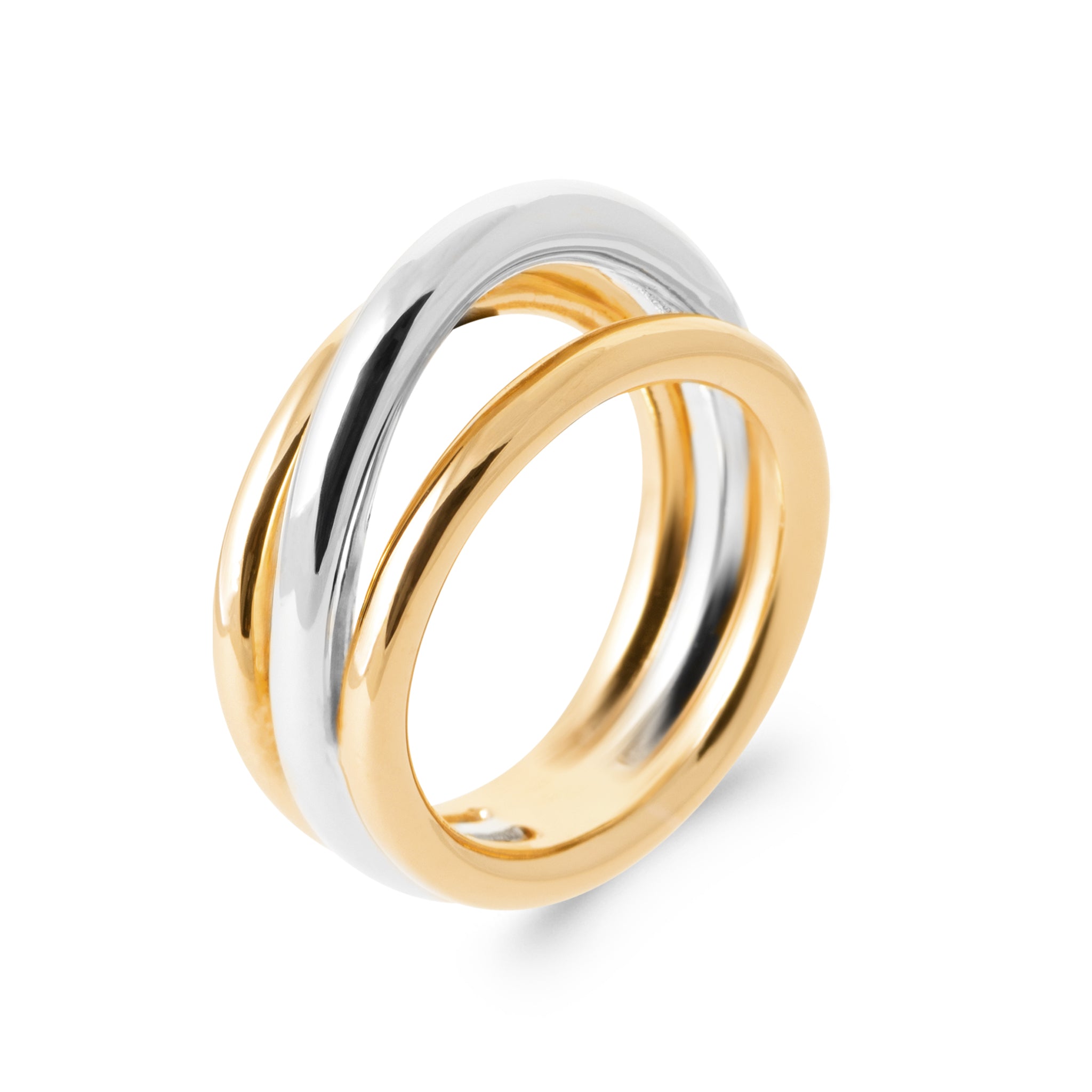 Bague argentée dorée Aki Bicolore effet triple anneaux relief - Bijou photographié sur fond blanc 