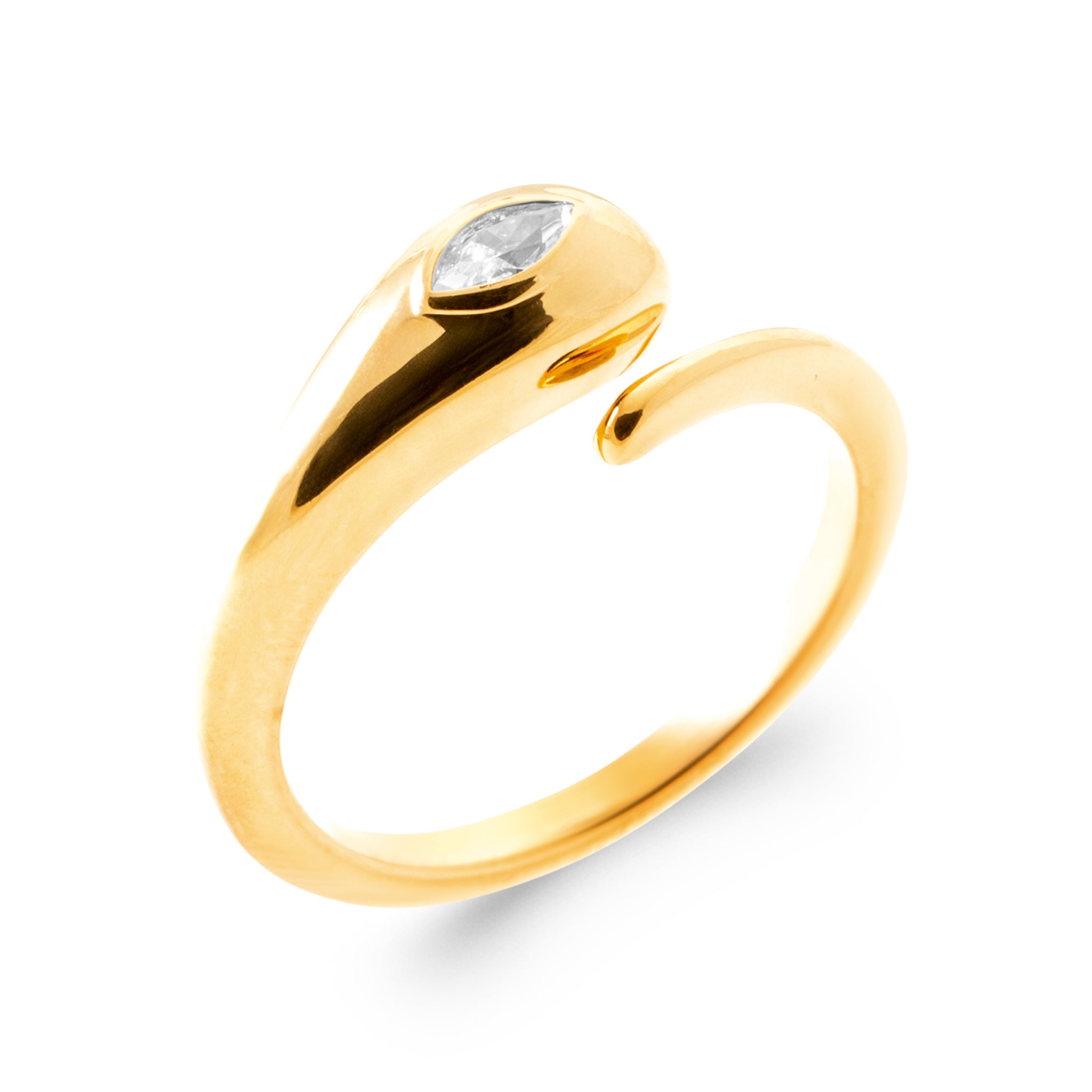 Bague dorée Amanda en forme de serpent avec zircon - Bijou photographié sur fond blanc 