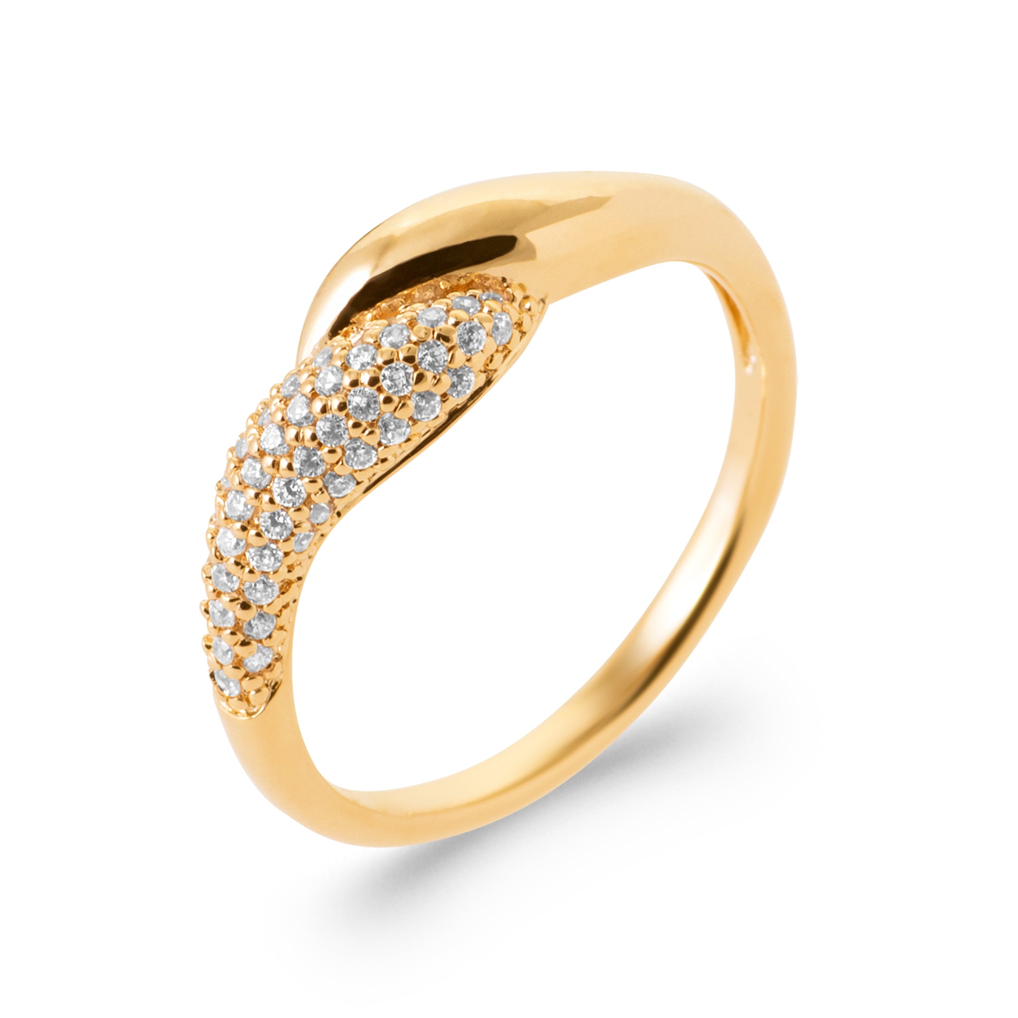 Bague dorée Minya Zircons vagues croisées serties de zircons- Bijou photographié sur fond blanc 