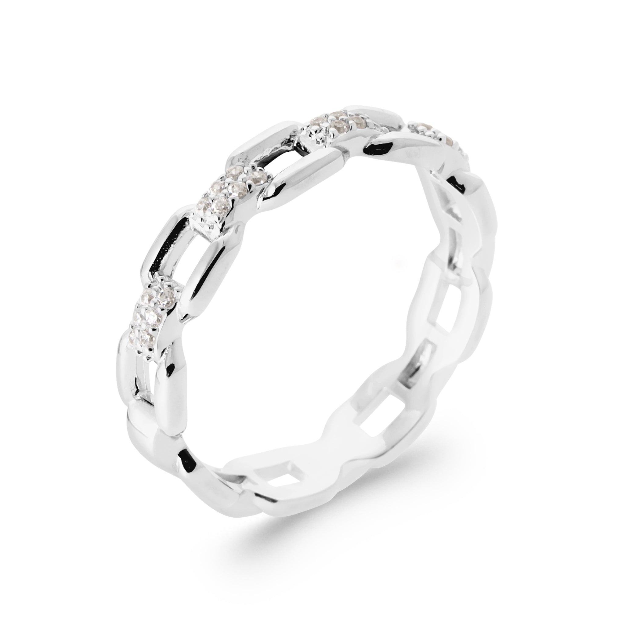 Bague en argent Jonas maille sertie de zircons - Bijou photographié sur fond blanc 