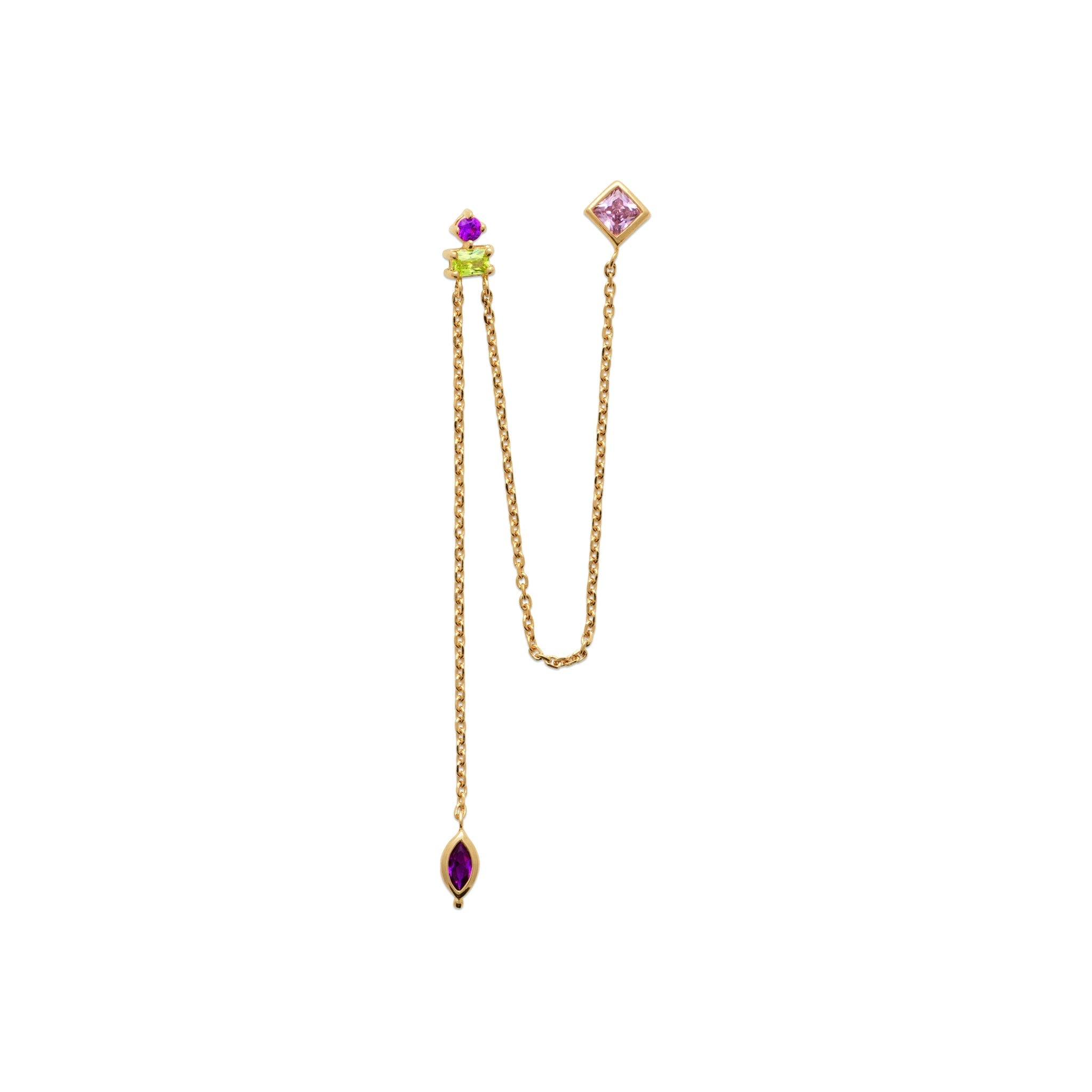 Boucle d'oreille unité dorée type mono-boucle avec chaînes pendantes et zircons jaunes et roses - Bijou photographié sur fond blanc 