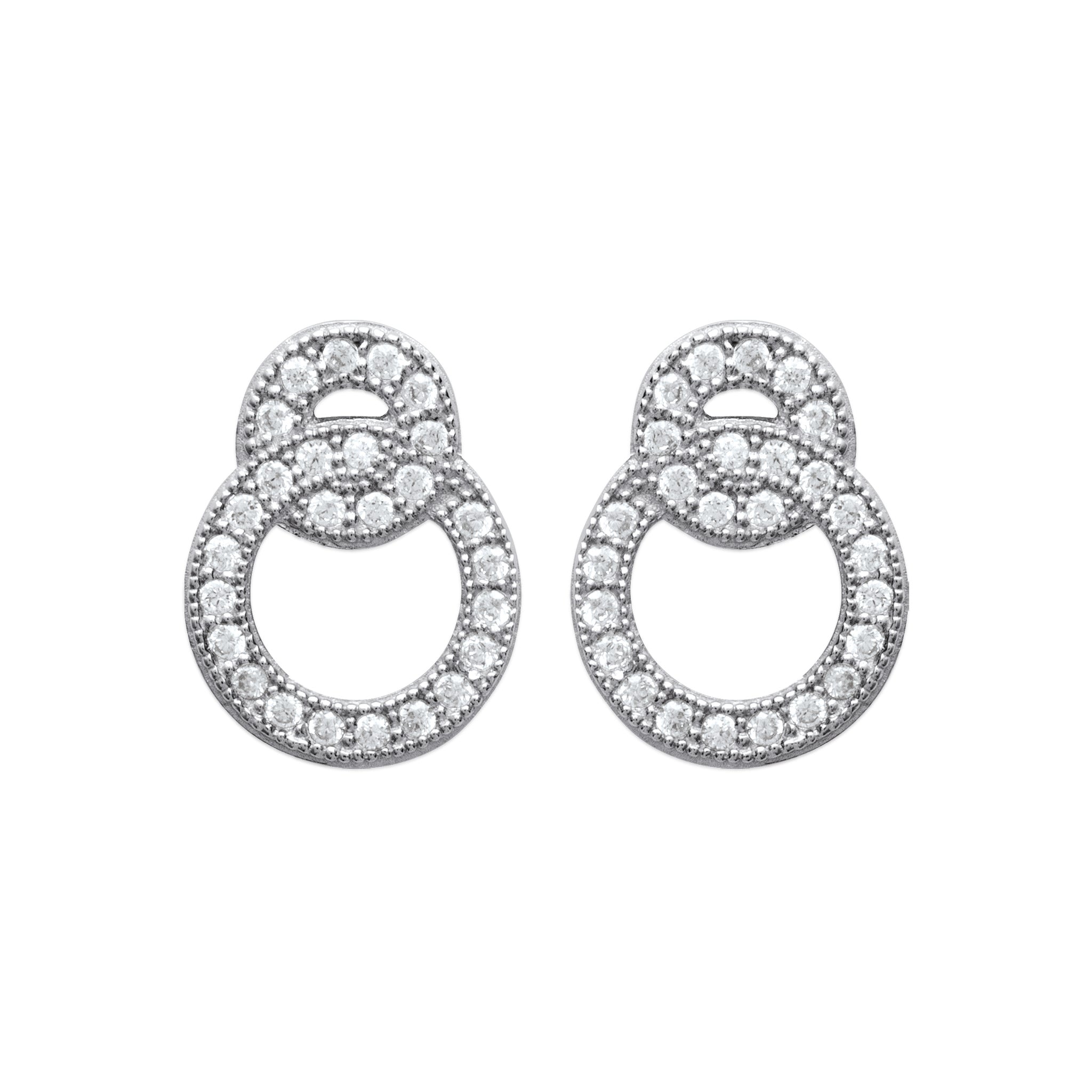 Boucles d'oreilles en argent puces anneaux entrelacés sertis de zircons Calypso - Bijou photographié sur fond blanc