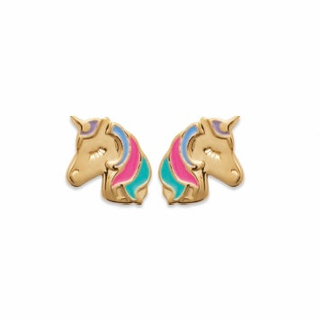 Boucles d’oreilles dorées enfant Licorne - Bijou photographié sur fond blanc 