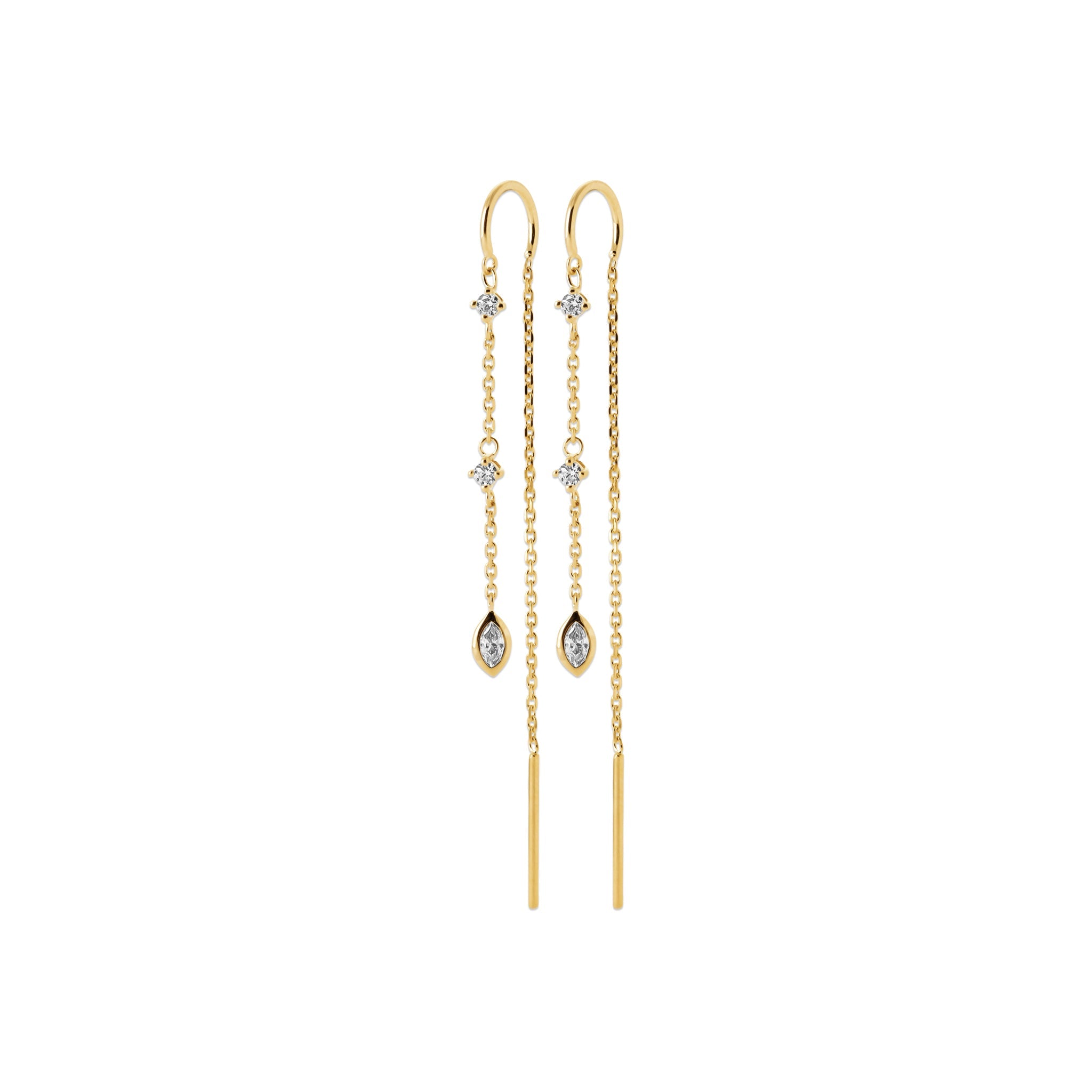 Boucles d'oreilles pendantes dorées CASSIOPEE en laiton doré 3 microns avec zircons - Collection Cérémonie - Bijou photographié sur fond blanc