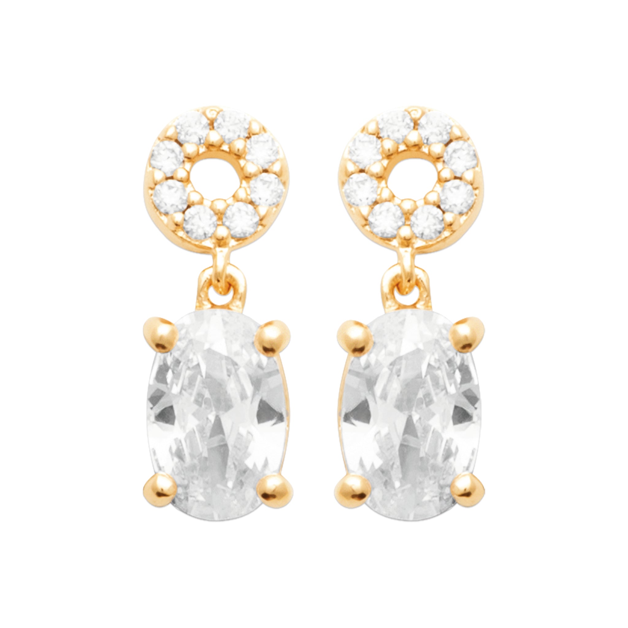 Boucles d'oreilles puces dorées Killiane en laiton doré 3 microns avec zircons - Collection Cérémonie - Bijou photographié sur fond blanc