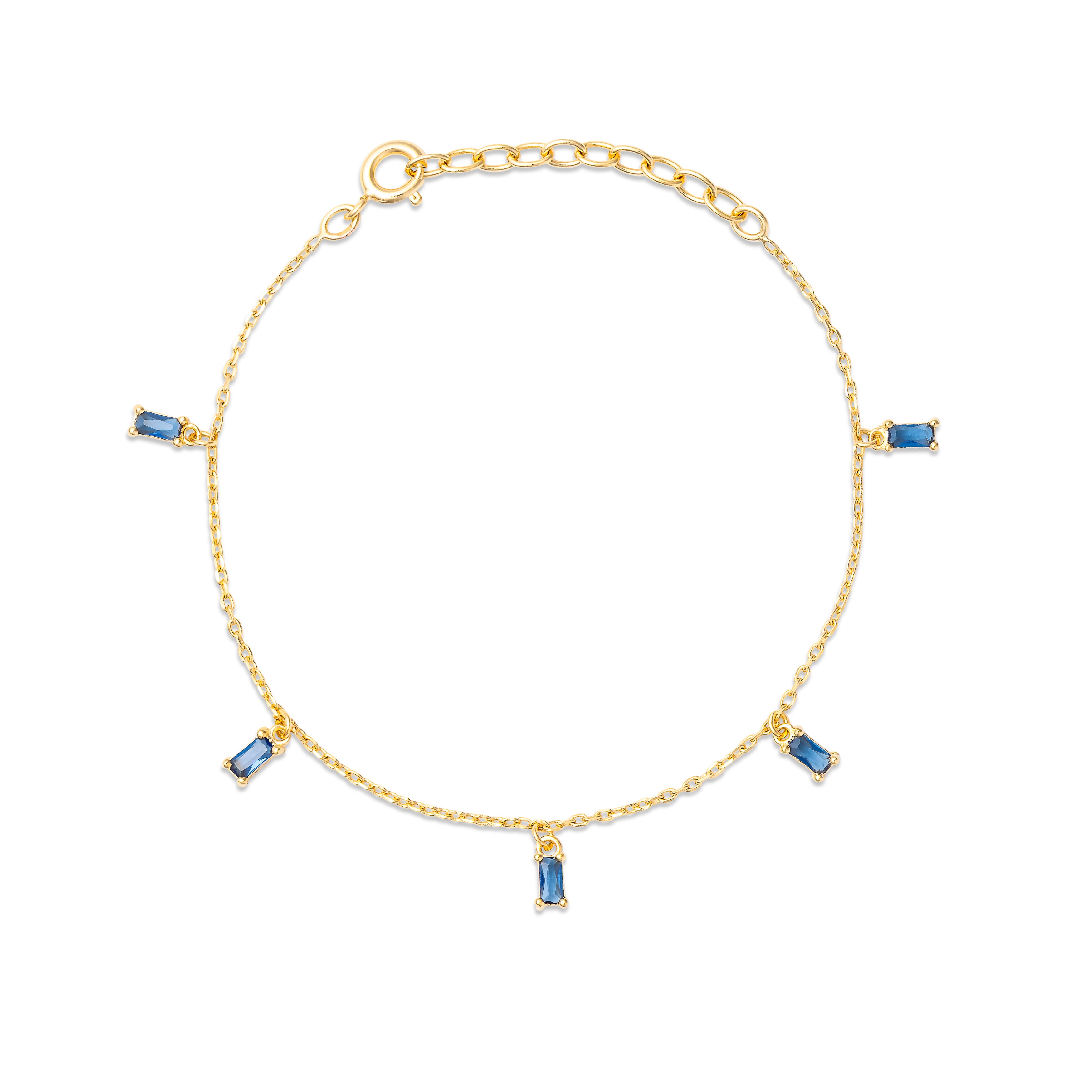 Bracelet doré Azaela bleu avec pampilles rectangulaires ornées de zircons bleus - Bijou photographié sur fond blanc