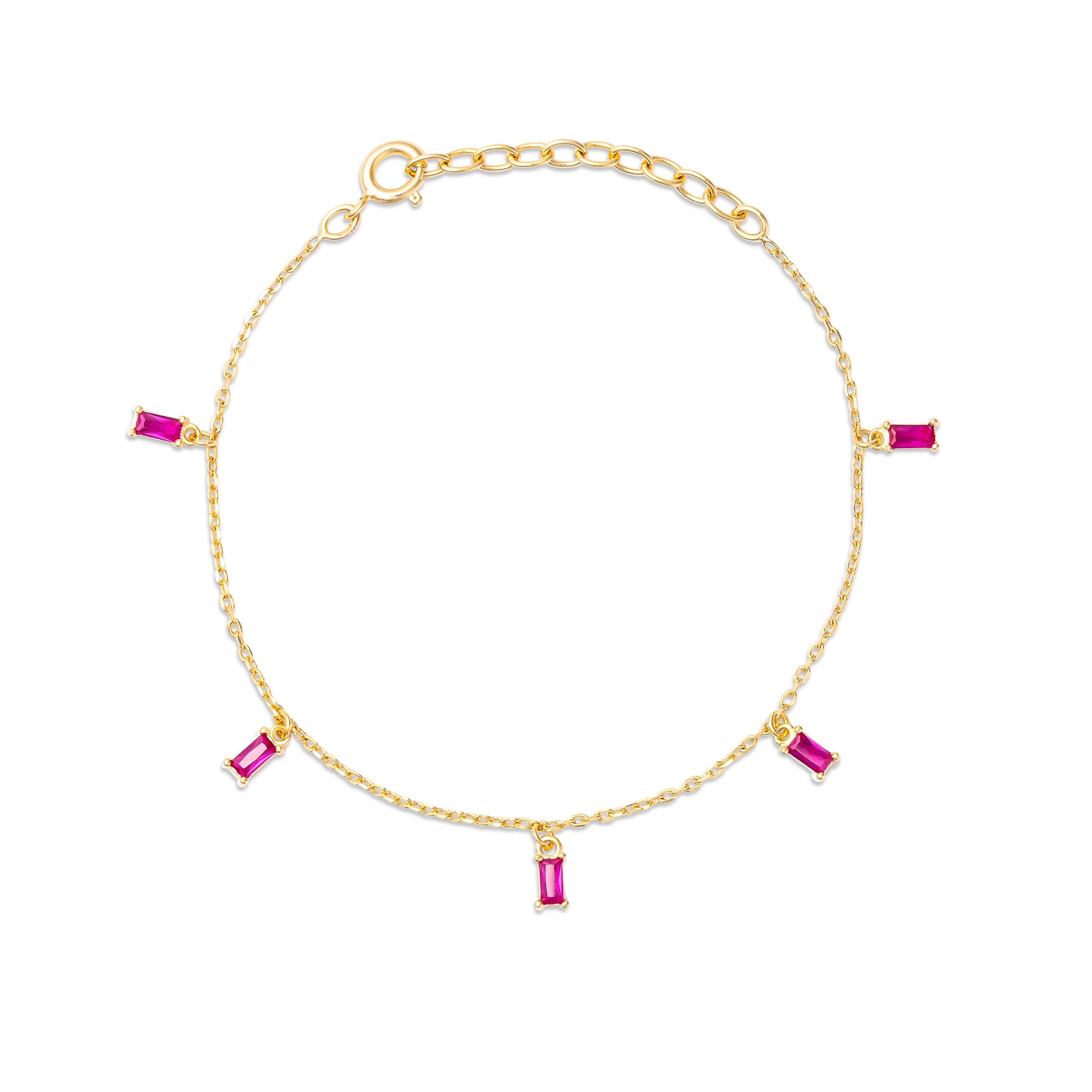 Bracelet doré Azaela fuchsia avec pampilles rectangulaires ornées de zircons fuchsia - Bijou photographié sur fond blanc