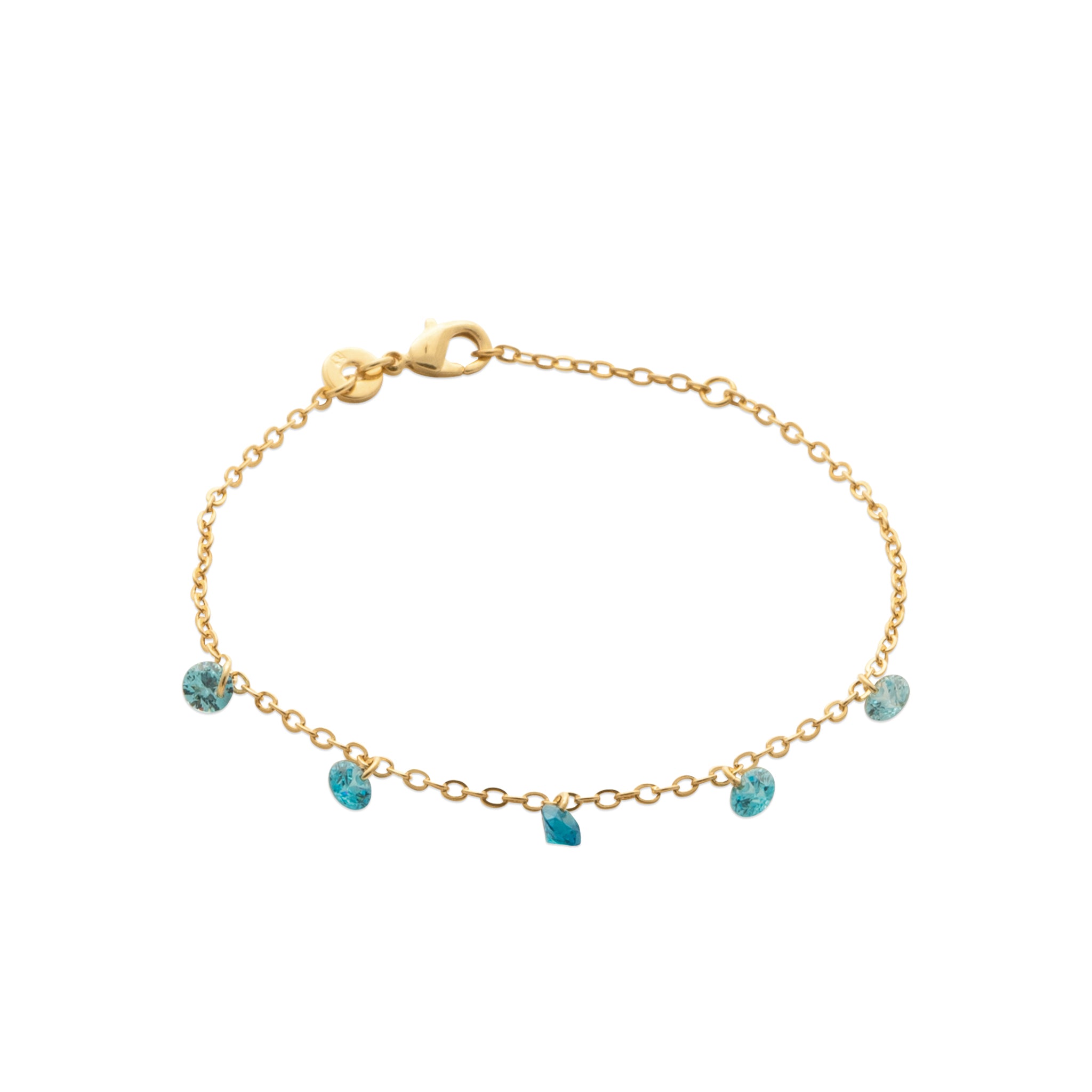 Bracelet chaîne pampilles zircons bleu - Bijou photographié sur fond blanc 