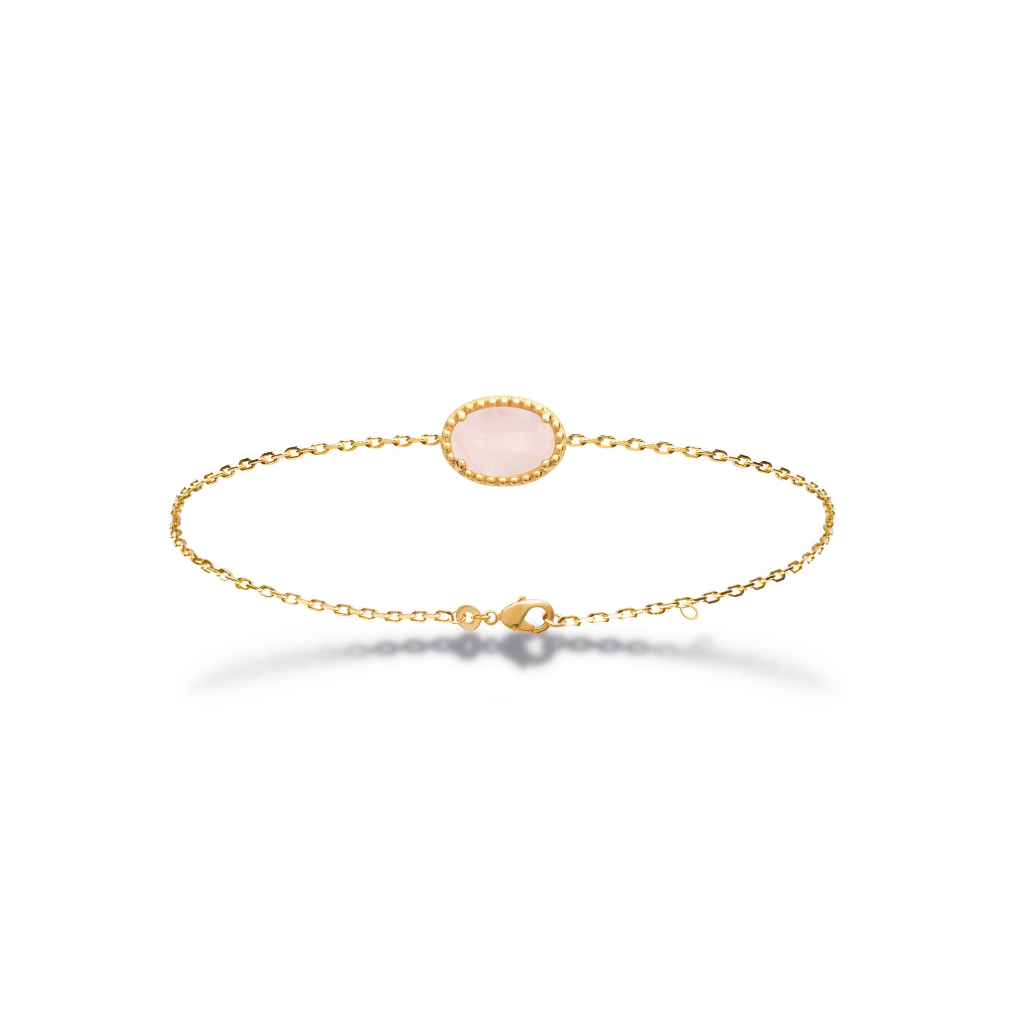 Bracelet doré Selene orné d'une pierre quartz rose - Bijou photographié sur fond blanc 