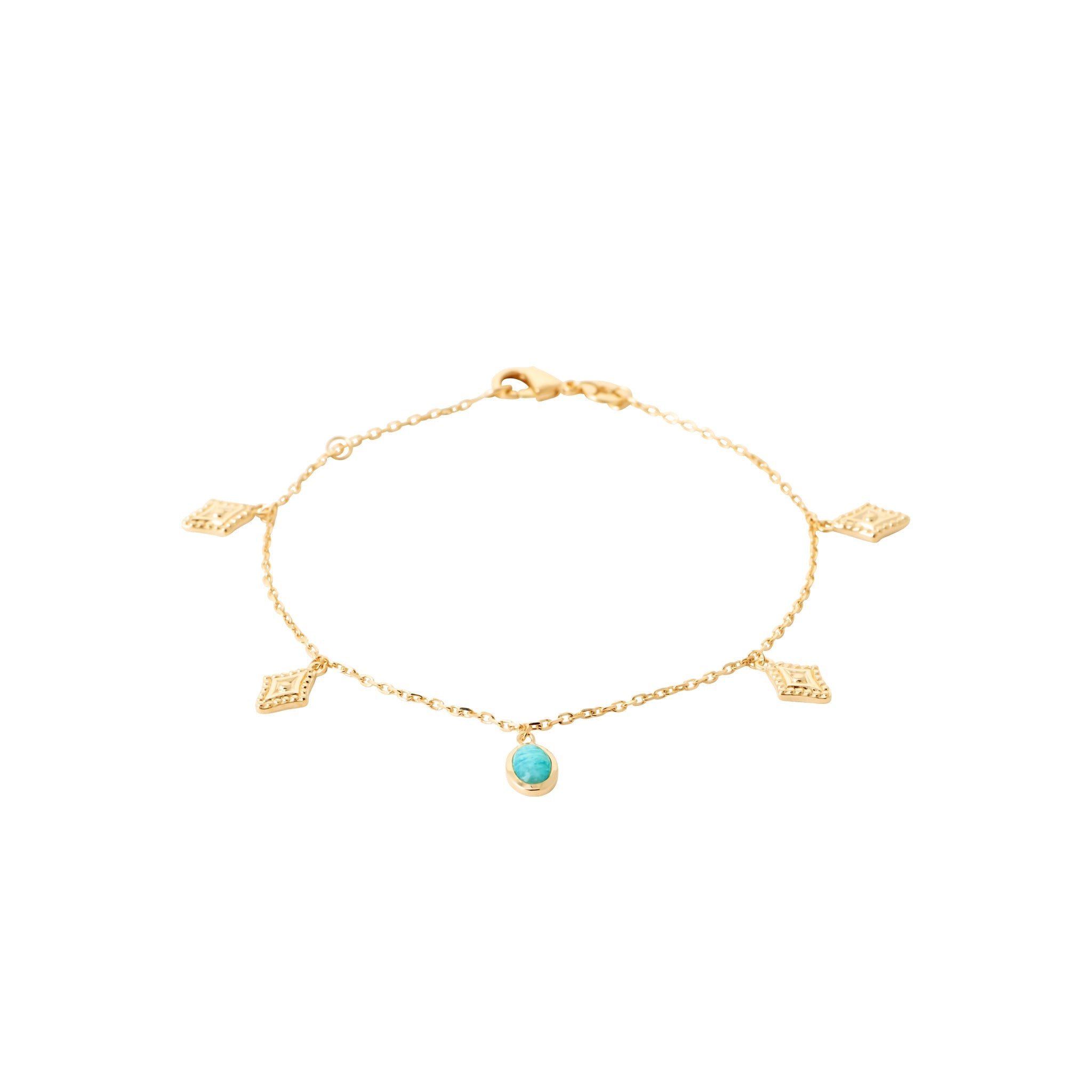 Bracelet doré Tessa à pampilles avec une pierre en amazonite - Bijou photographié sur fond blanc 