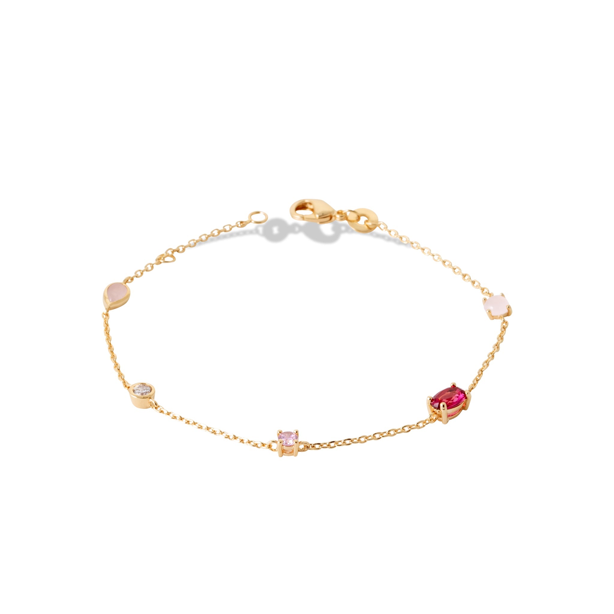 Bracelet chaîne dorée orné de zircons colorés - Bijou photographié sur fond blanc