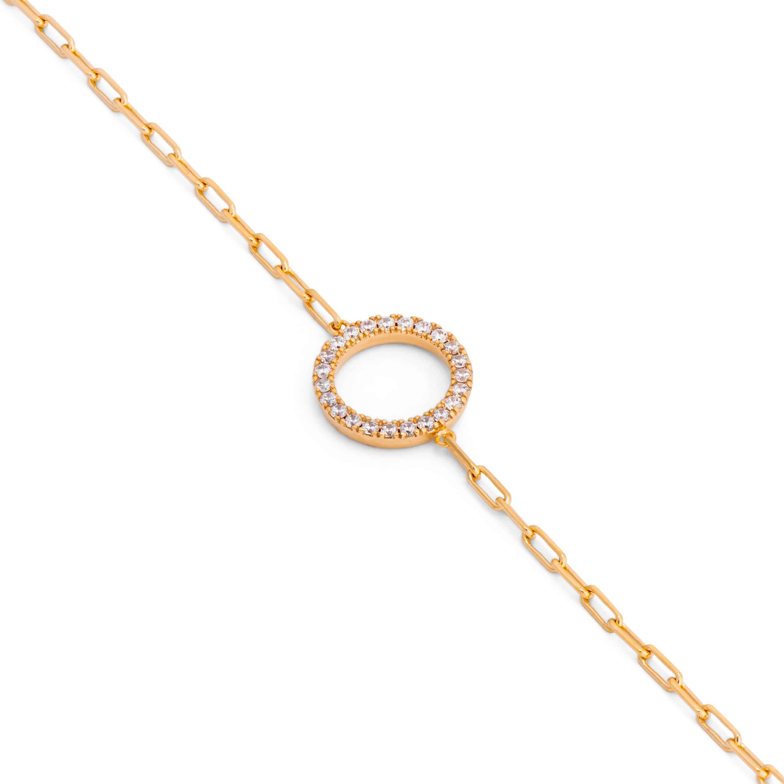 Bracelet doré à chaîne en maille avec cercle serti de zircons - Bijou photographié sur fond blanc 