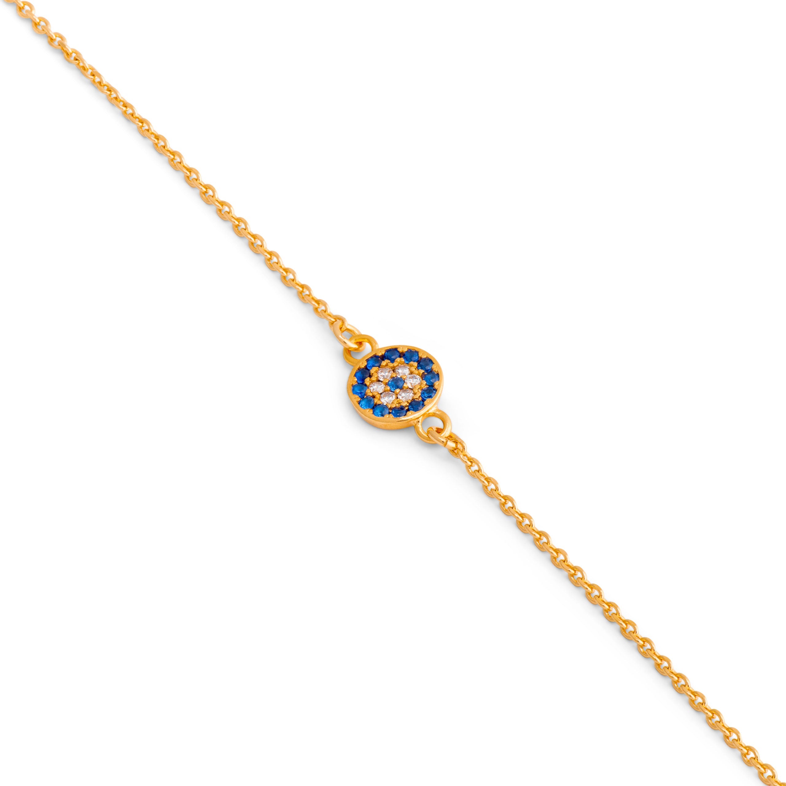 Bracelet doré oeil serti de zircons bleus et blancs - Bijou photographié sur fond blanc 