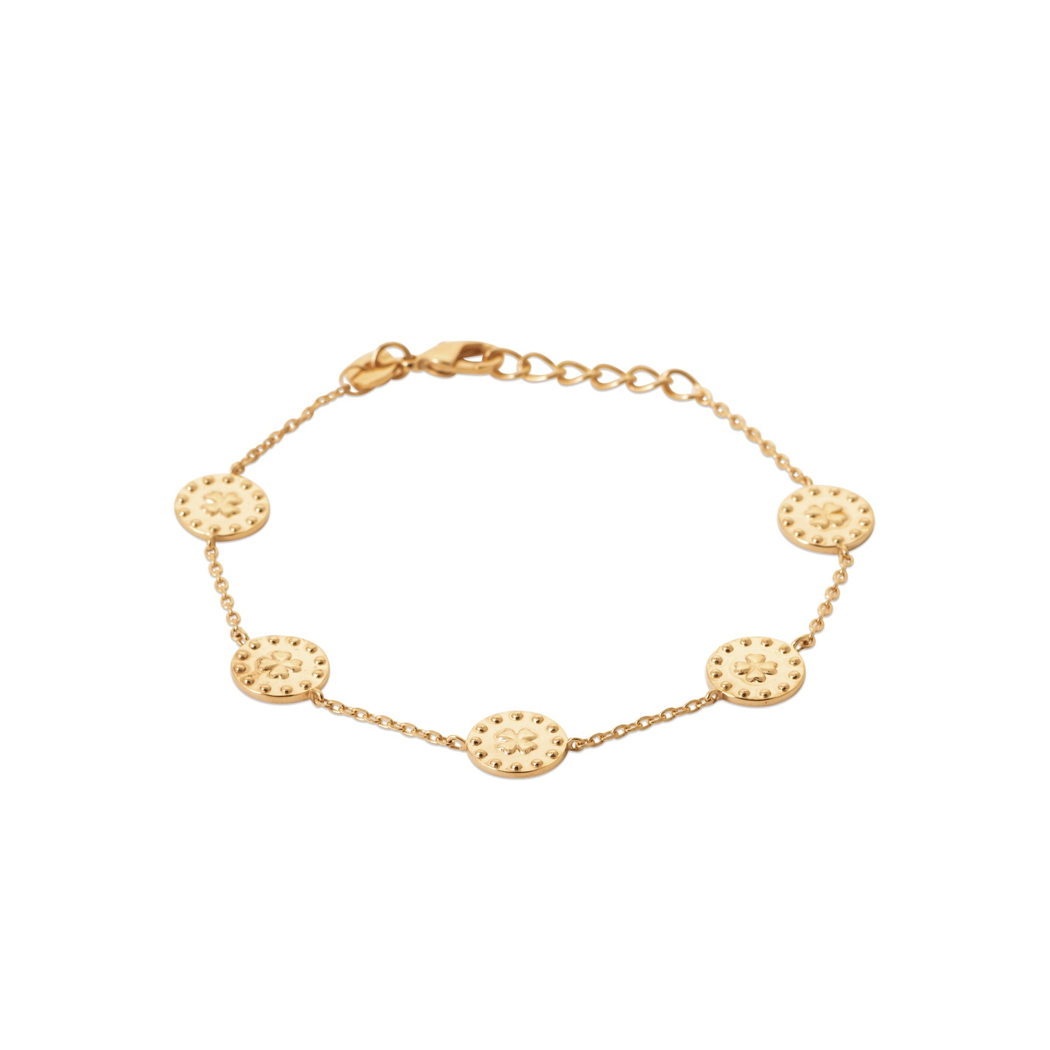 Bracelet Avana chaîne dorée à médaillons travaillés ornés de trèfles - Bijou photographié sur fond blanc 