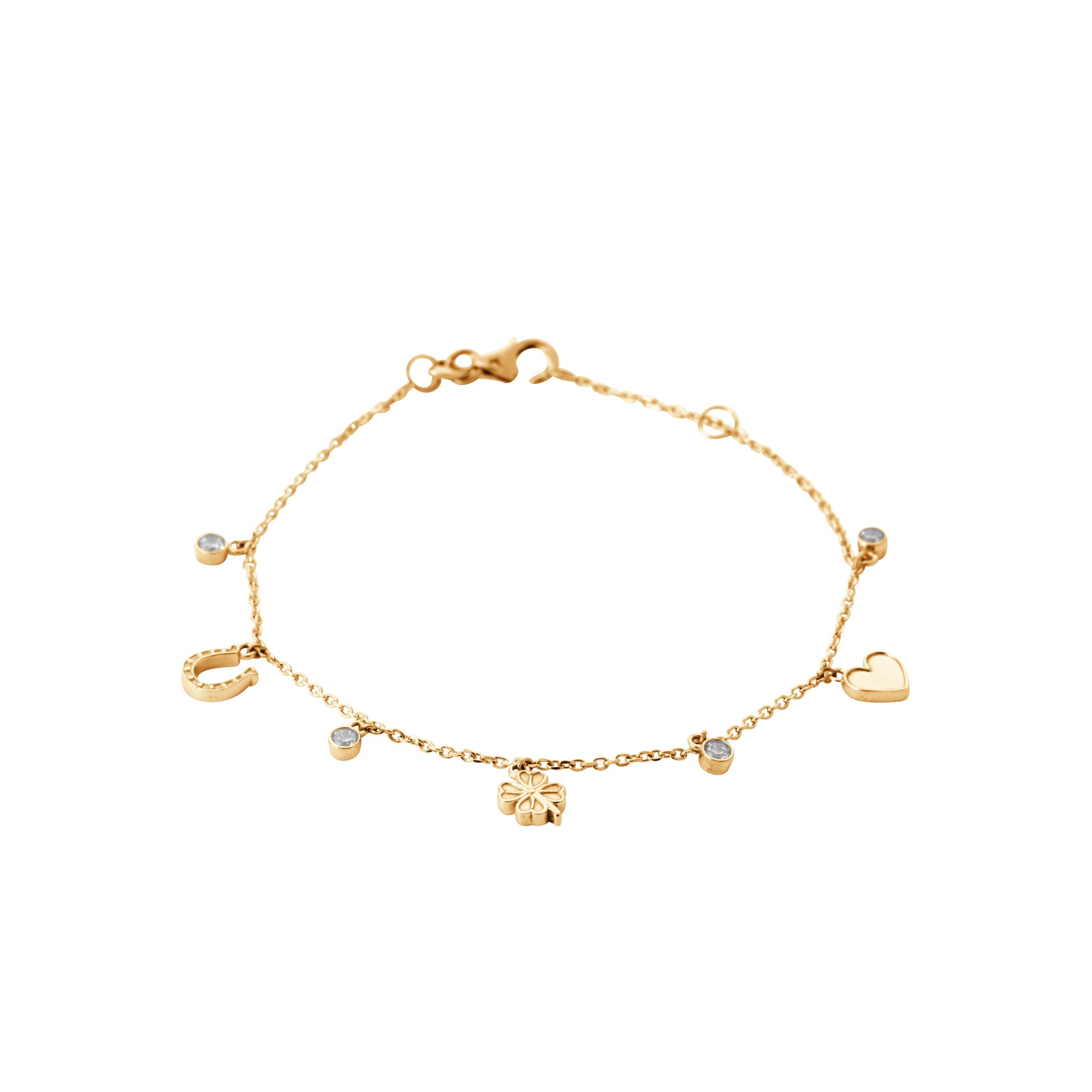 Bracelet chaîne dorée Bella pampilles cœur, trèfle et zircons - Bijou photographié sur fond blanc 