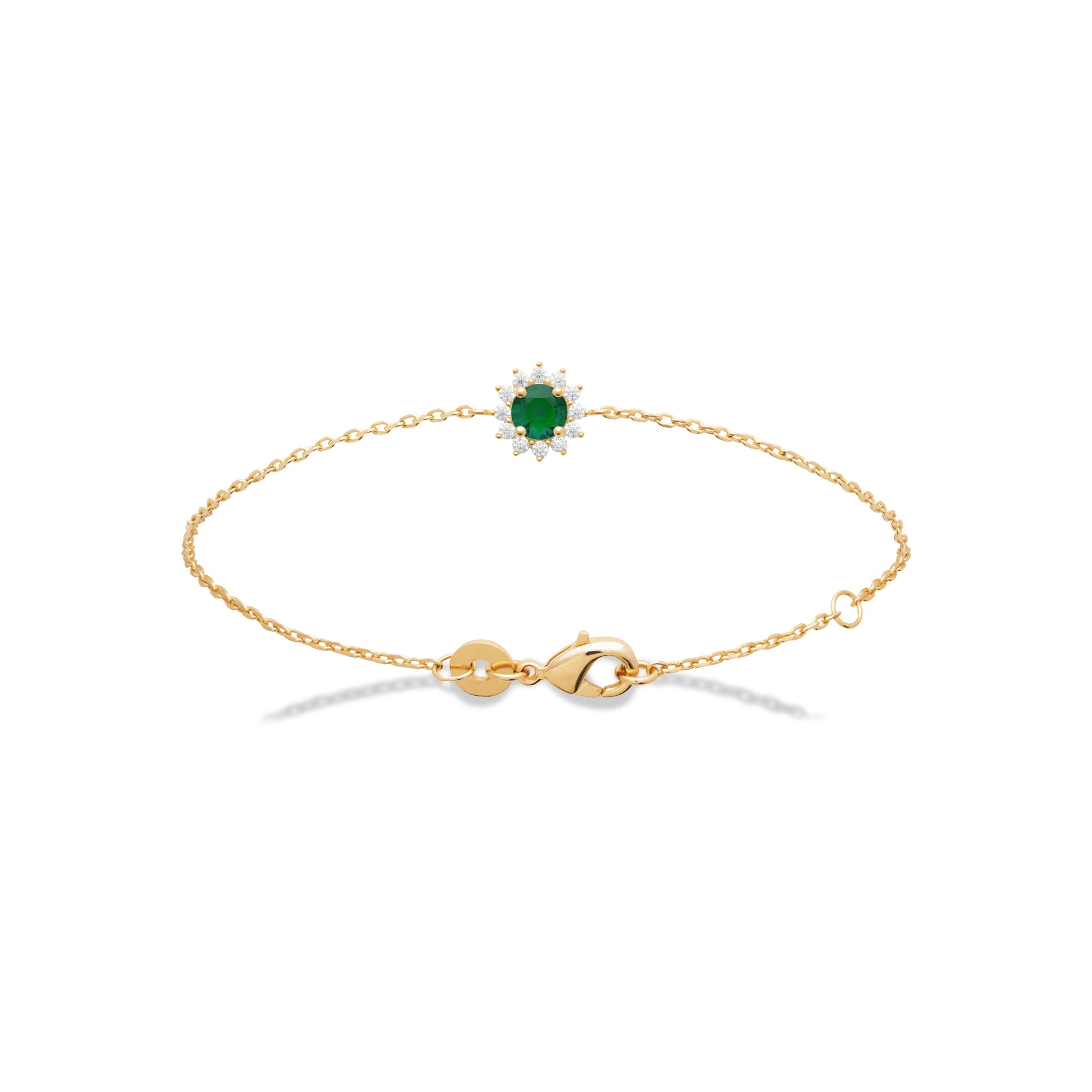 Bracelet doré Benedicte, zircon vert central entouré de zircons blancs - Bijou photographié sur fond blanc 