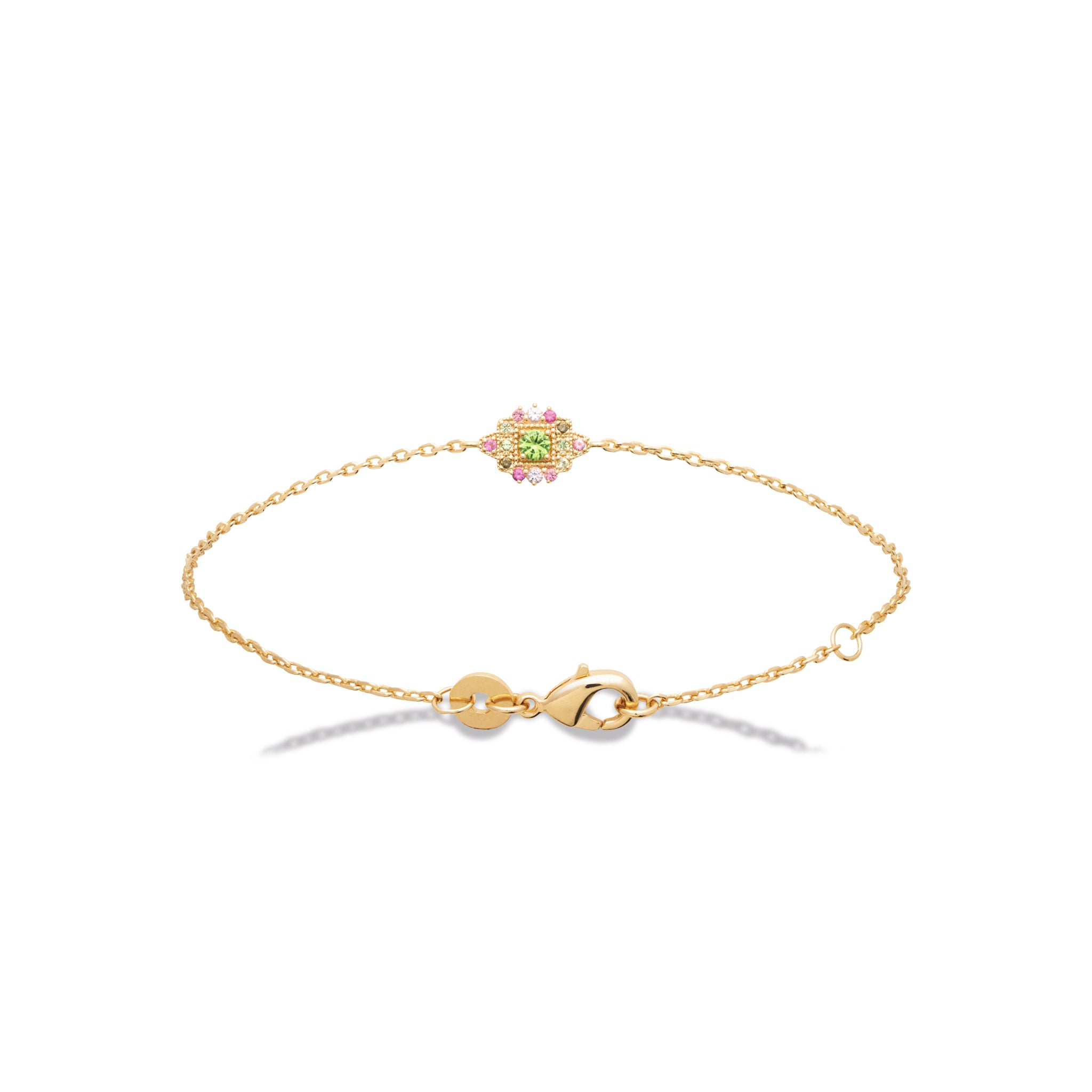 Bracelet doré Hedda avec motif oriental orné de zircons colorés verts et roses - Bijou photographié sur fond blanc 