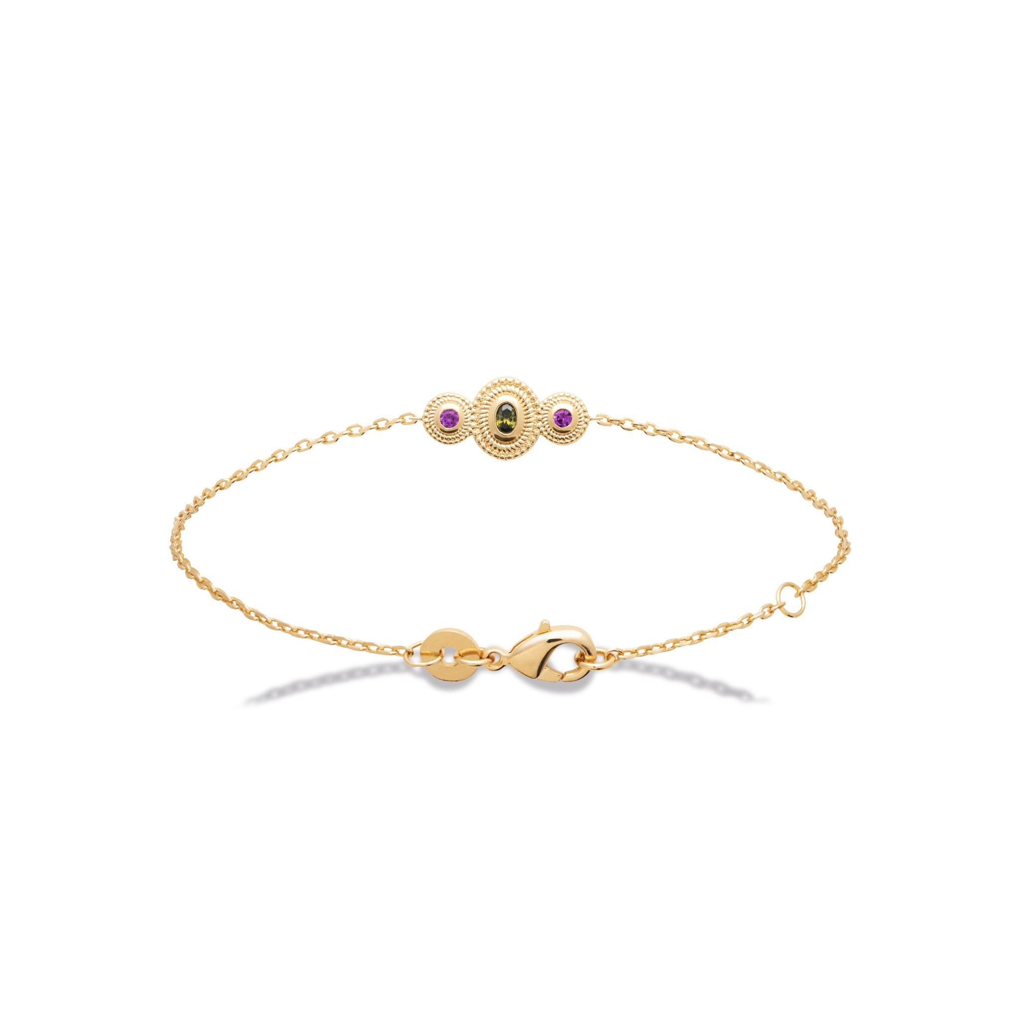 Bracelet doré Larissa chaîne zircons colorés - Bijou photographié sur fond blanc 