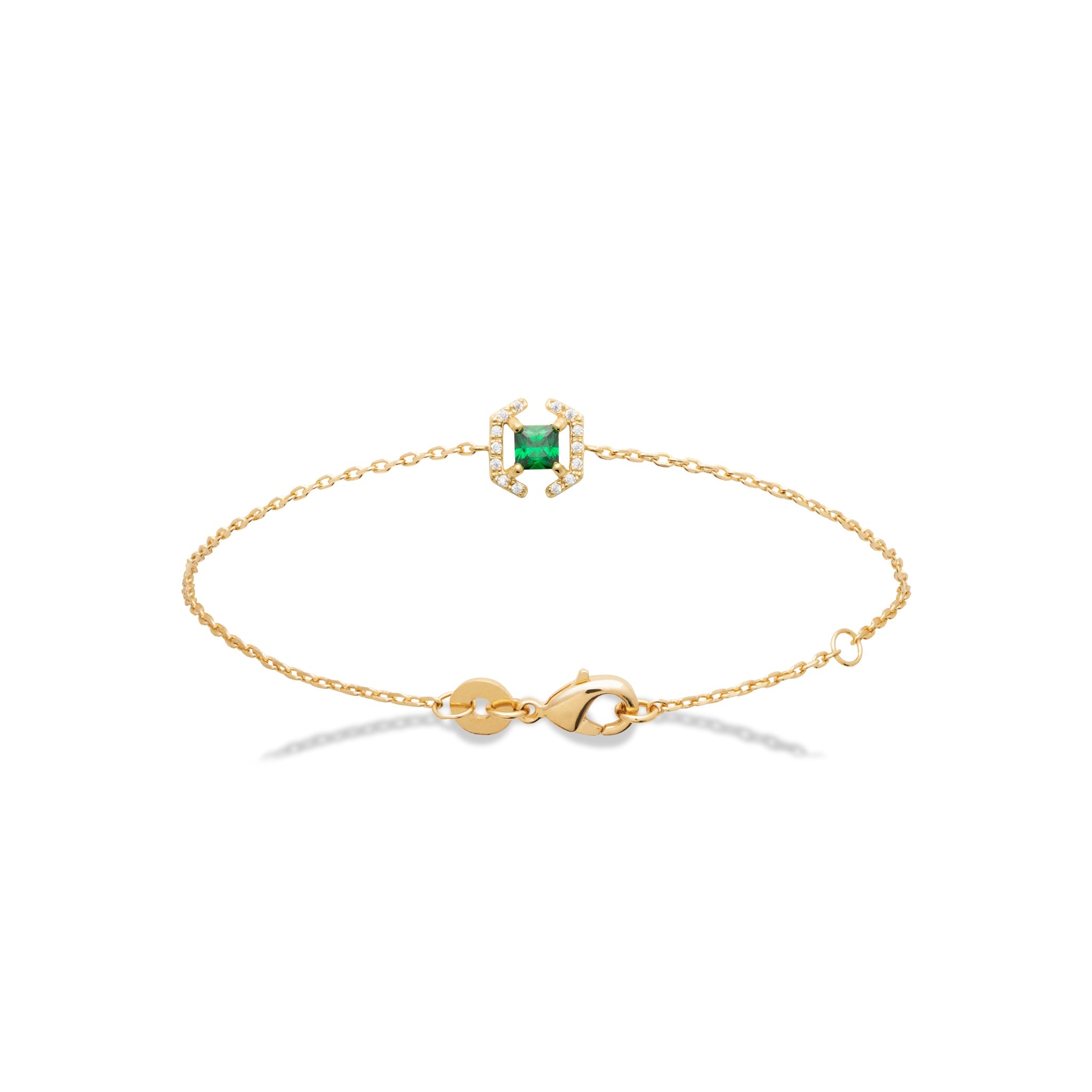 Bracelet chaîne dorée Sarah, zircon vert central entouré de zircons blancs - Bijou photographié sur fond blanc 