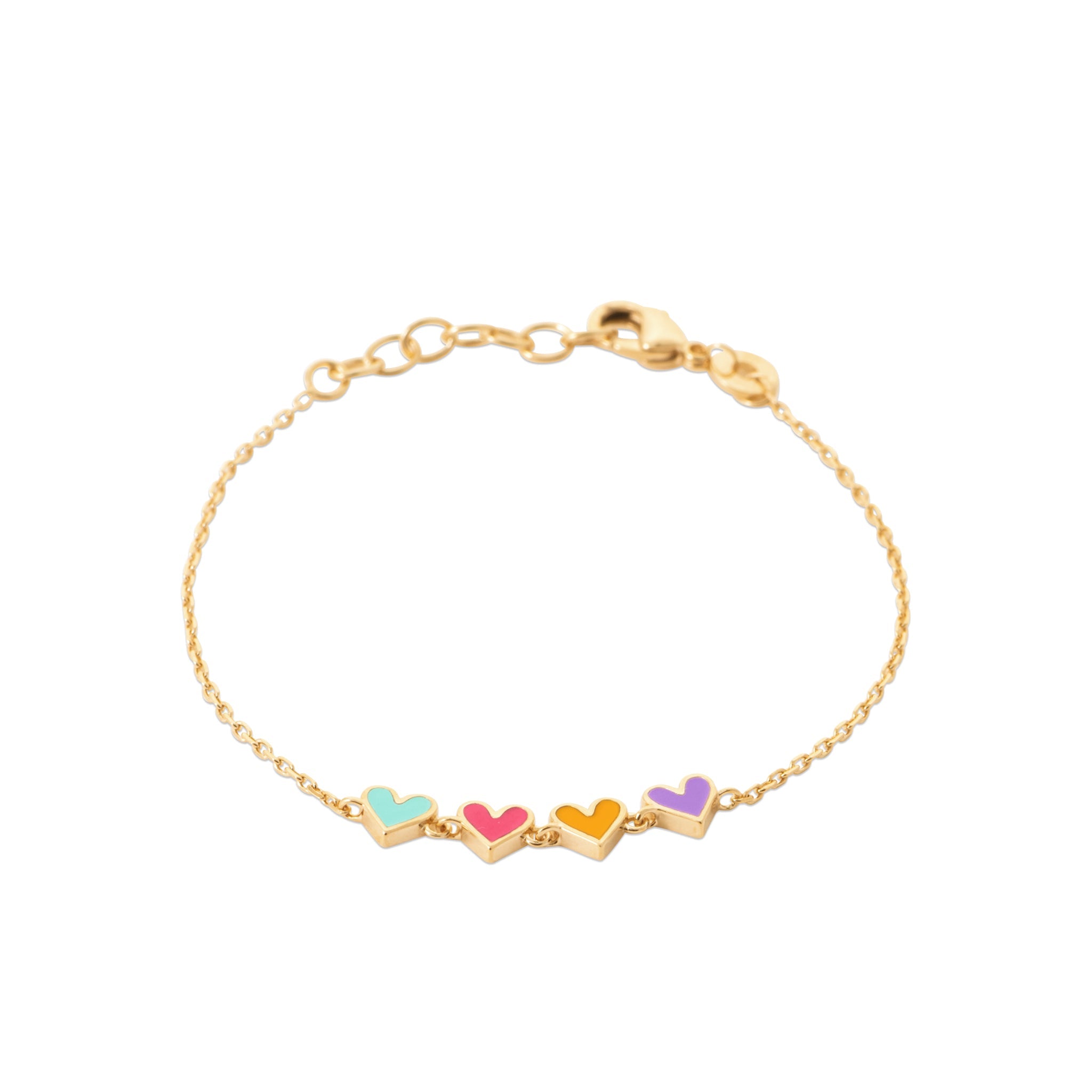 Bracelet pour enfant doré cœurs multicolores - Bijou photographié sur fond blanc 