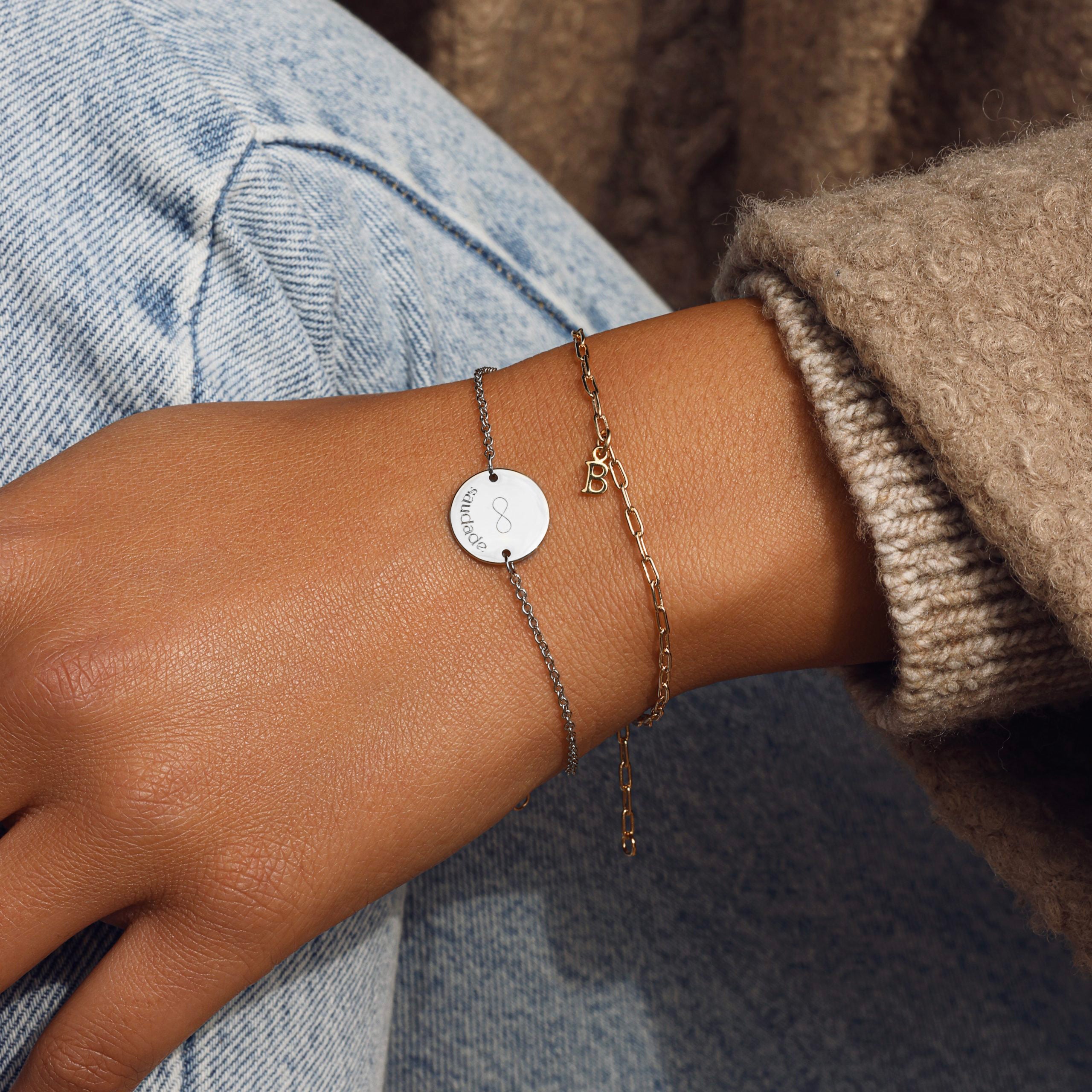 ALBA - Bracelet personnalisable argent médaille ronde et chaîne - Bijou porté