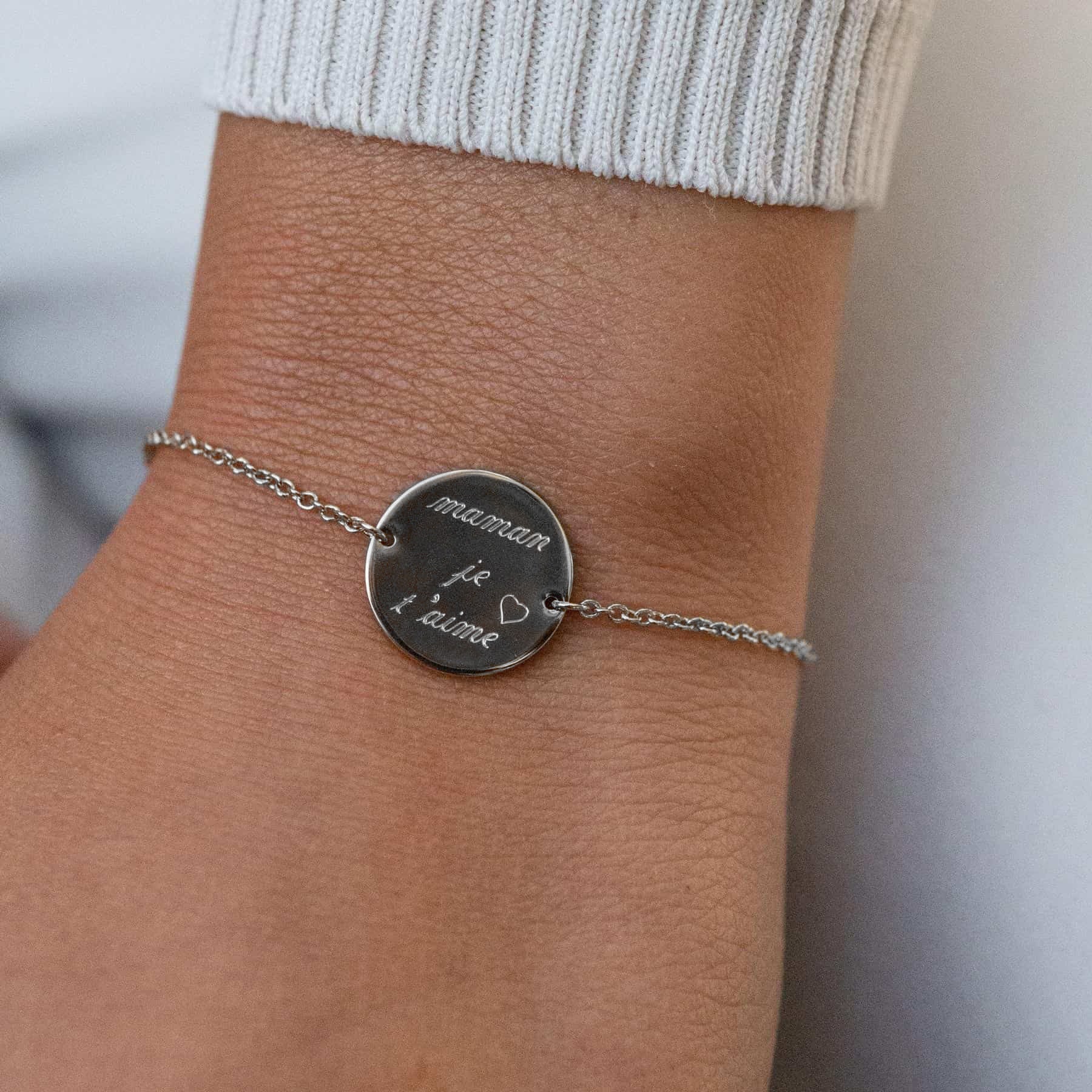 ALBA - Bracelet personnalisable argent médaille ronde et chaîne - Bijou porté