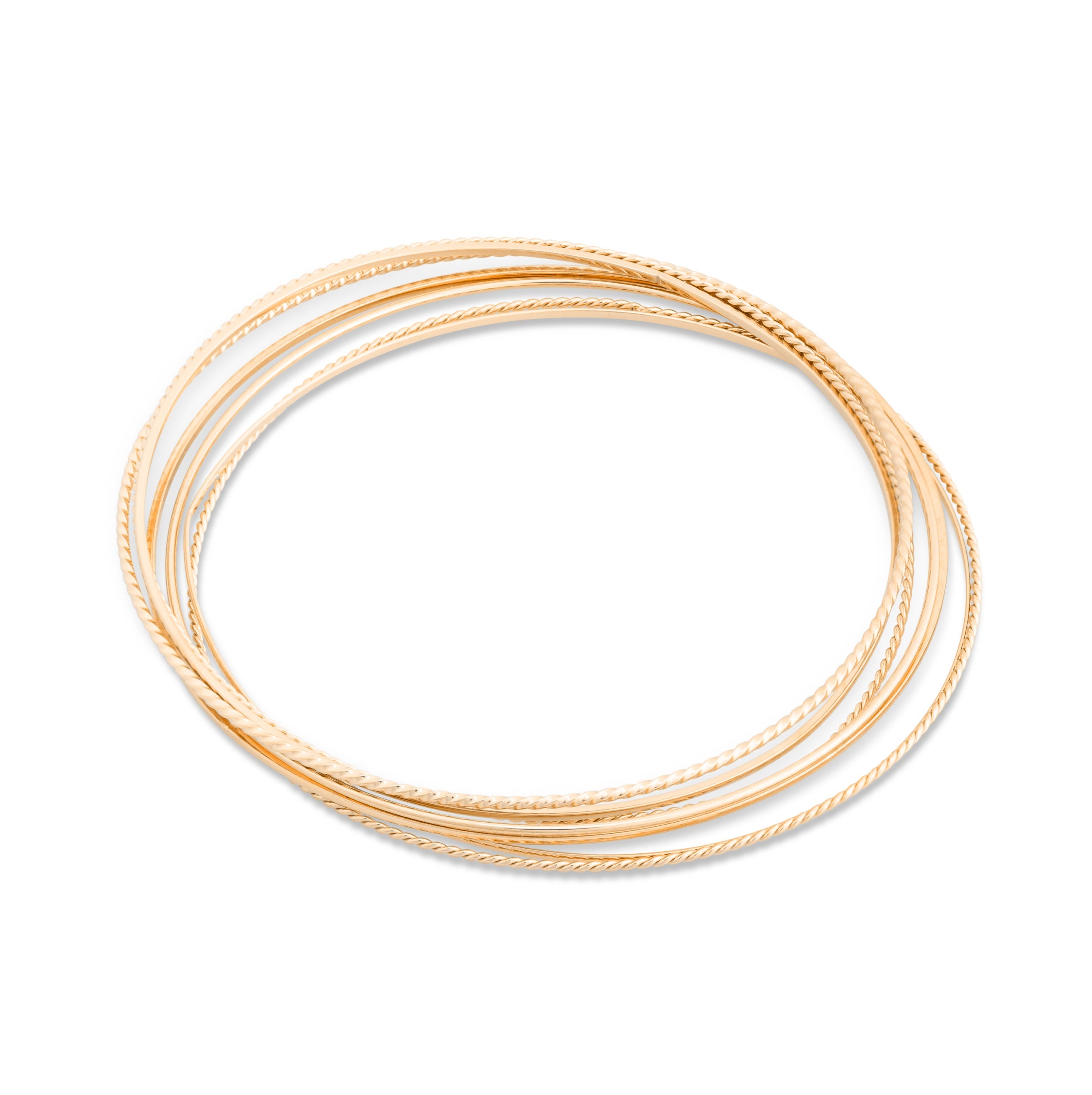 Bracelets semainier en acier inoxydable doré composés de 3 joncs torsadés, 3 joncs lisses et 1 jonc finement travaillé - Bijou photographié sur fond blanc 