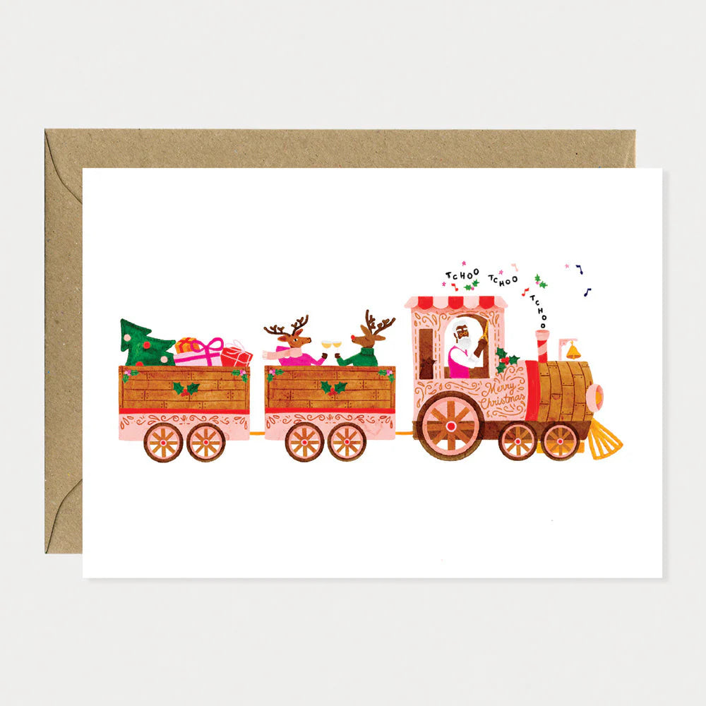 Carte de Noël en papier naturel blanc avec un train de Noël - Papeterie