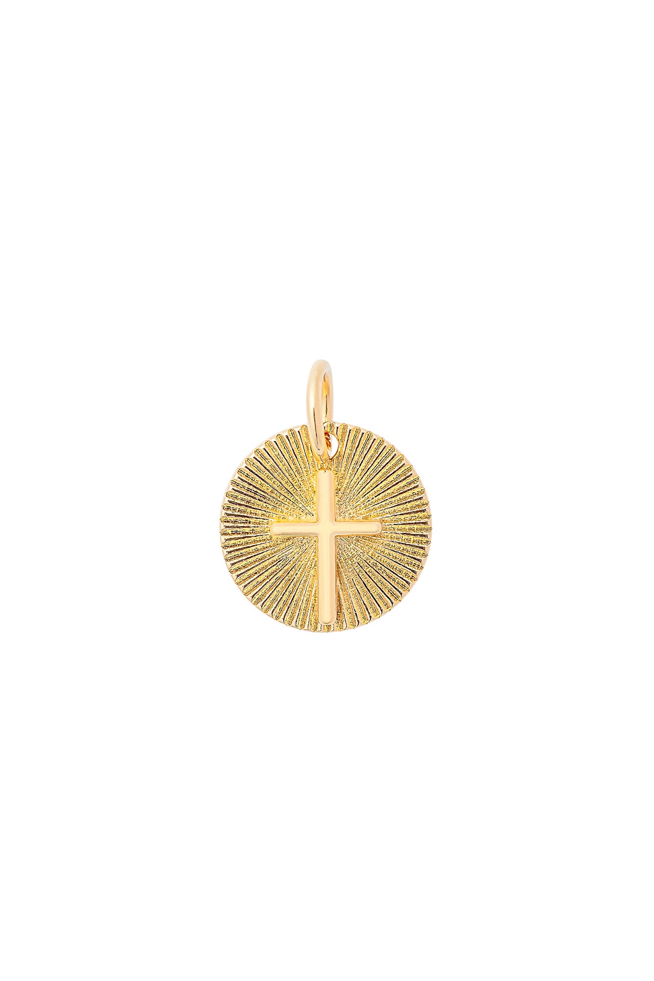 Charm doré médaillon Croix soleil - Bijou sur fond blanc