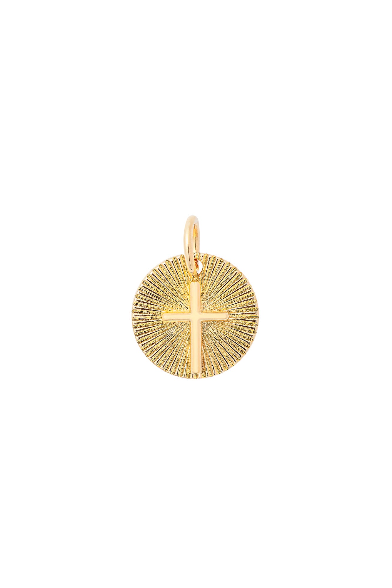 Charm doré médaillon Croix soleil - Bijou sur fond blanc