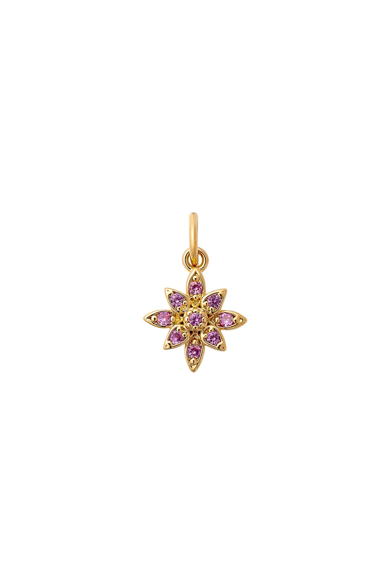 Charm doré zircons Fleur Edelweiss rose - Bijou sur fond blanc