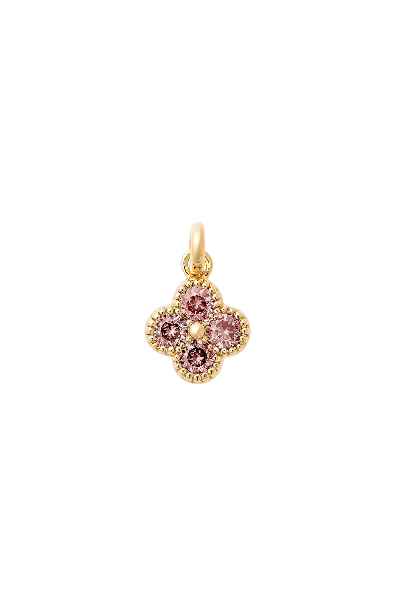 Charm doré zircons Fleur Pervenche rose - Bijou sur fond blanc