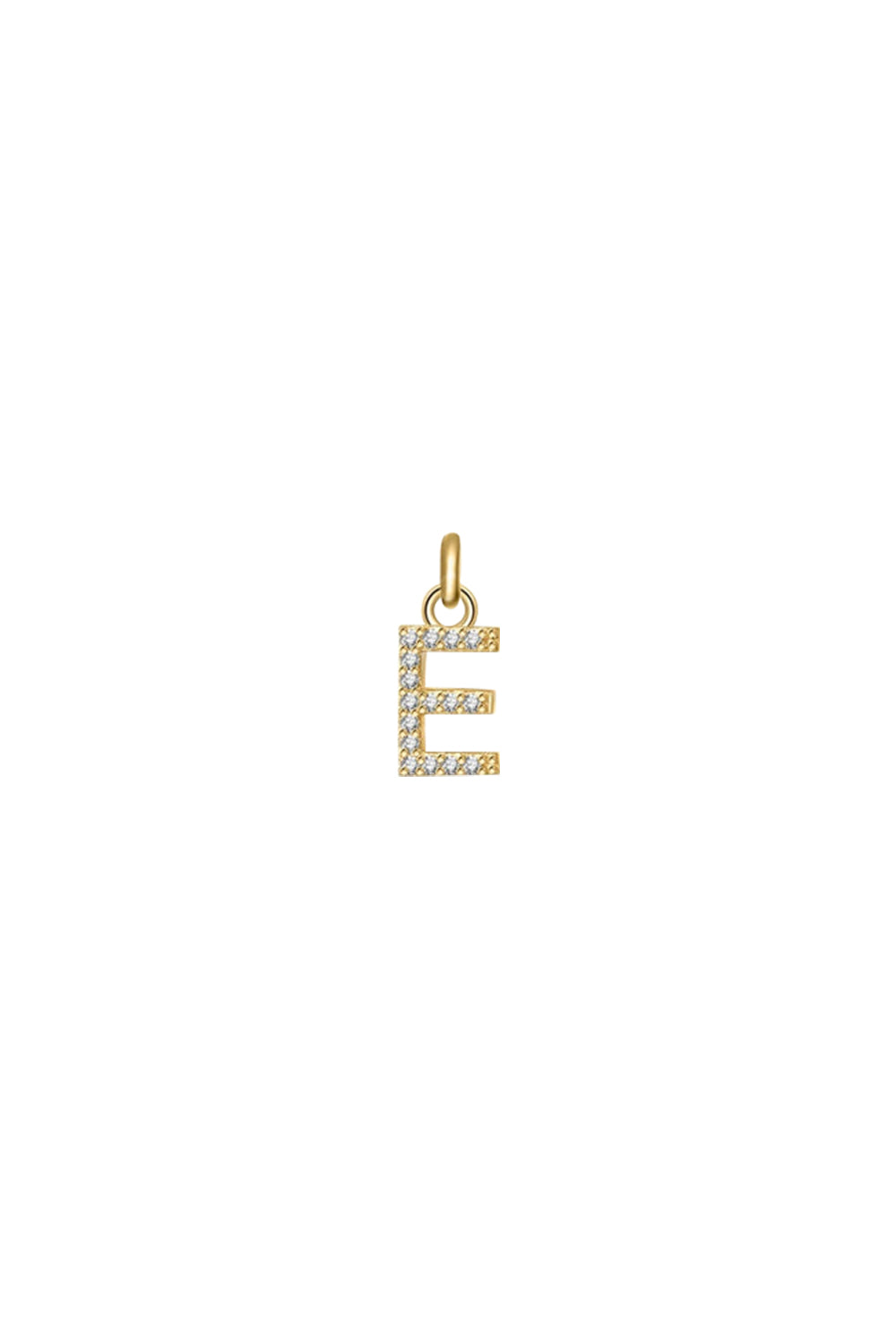 Charm doré zircons lettre E - Bijou photographié sur fond blanc