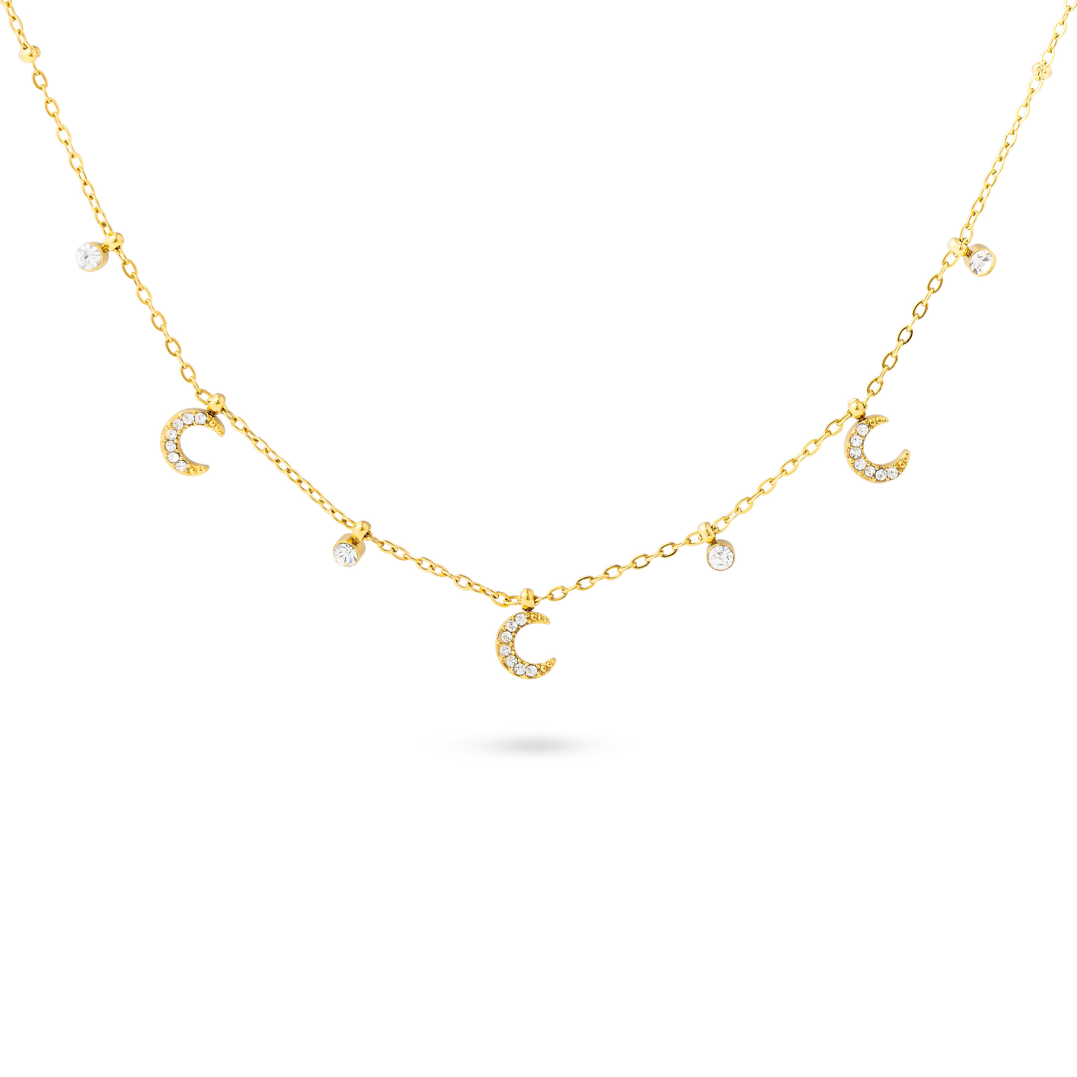 Collier doré Davia lune orné de pendentifs sertis de zircons - Bijou photographié sur fond blanc