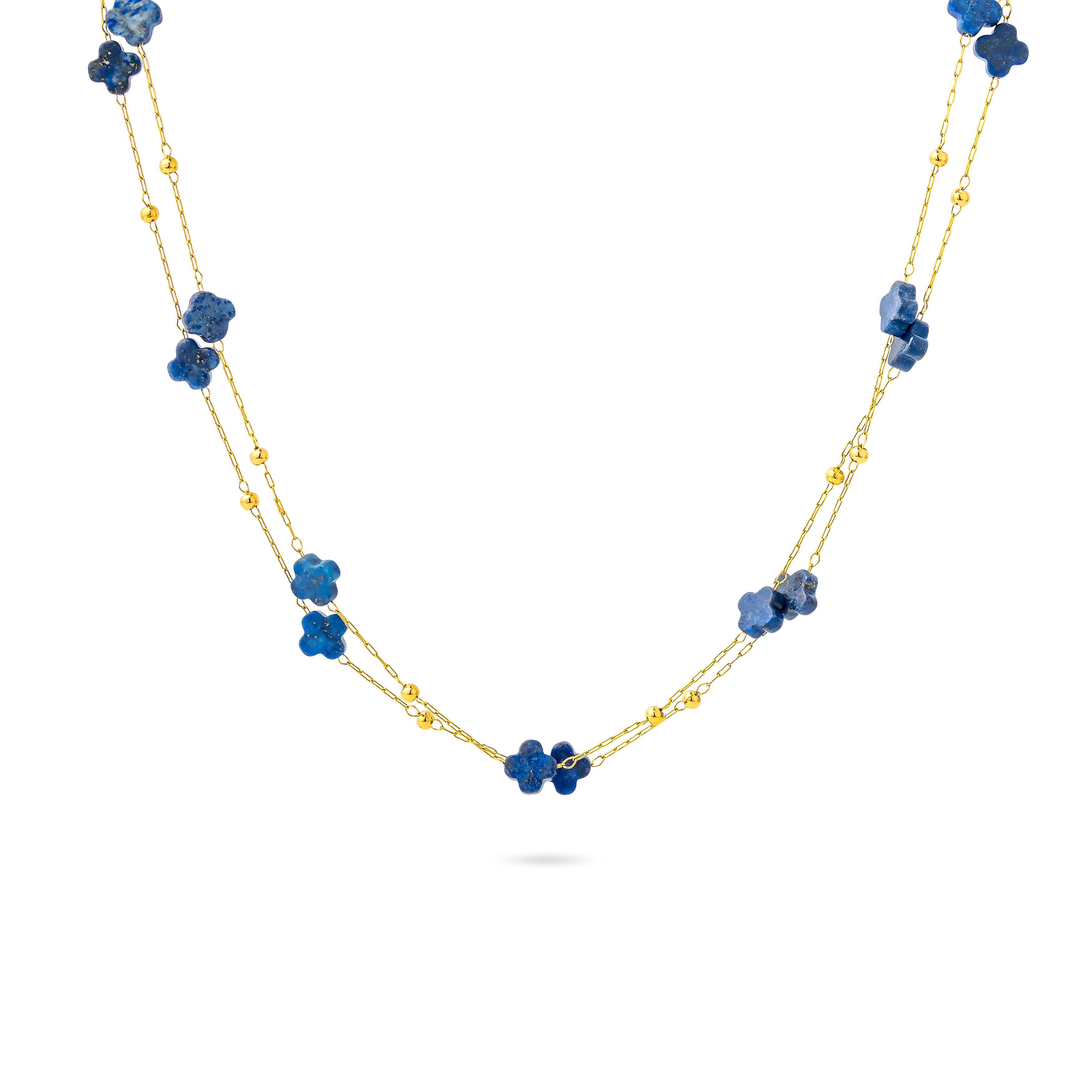 Collier sautoir doré Fergi lapis lazuli chaîne fine orné de pierres naturelles en forme de trèfle - Bijou photographié sur fond blanc