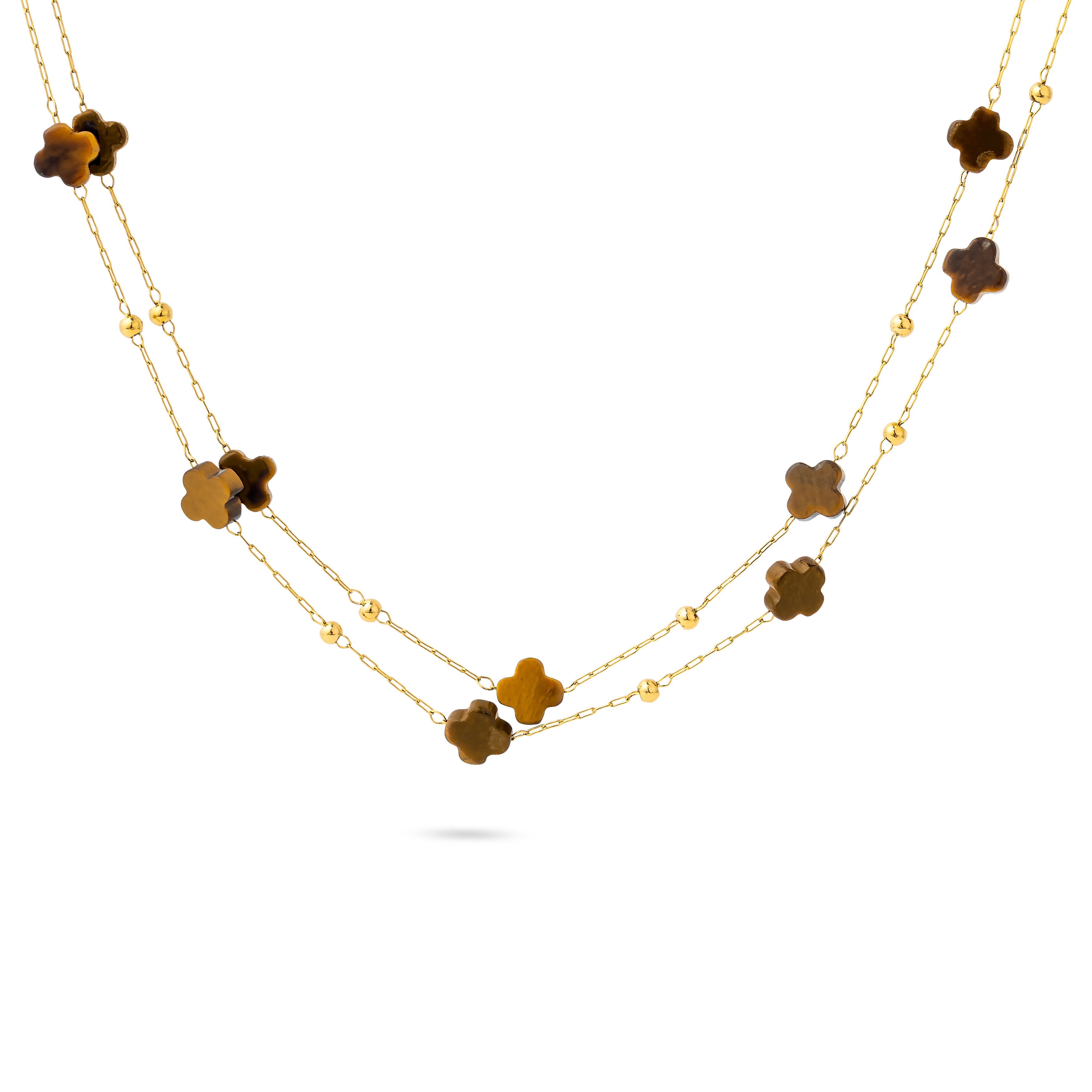 Collier sautoir doré Fergi oeil de tigre chaîne fine orné de pierres naturelles en forme de trèfle - Bijou photographié sur fond blanc