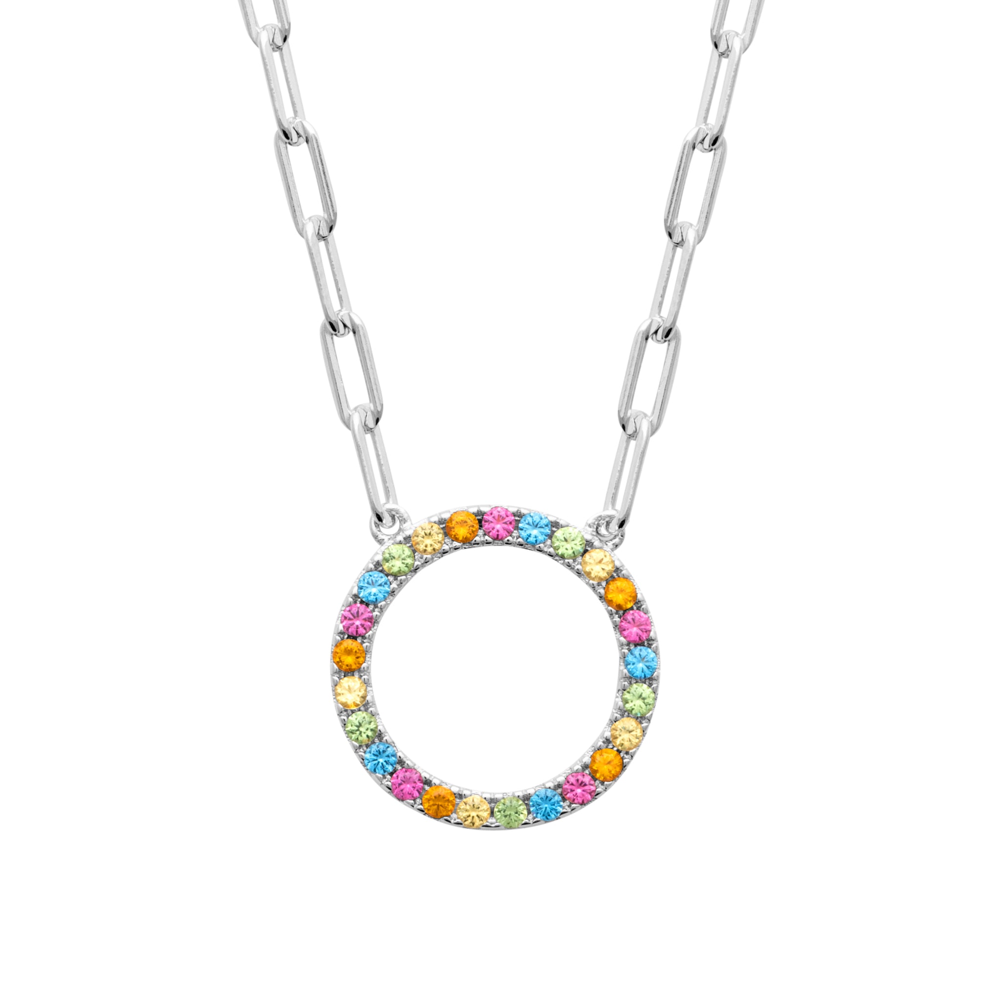 Collier argent925 Rainbow maille fine avec pendentif anneaux serti de zircons colorés - Bijou photographié sur fond blanc 