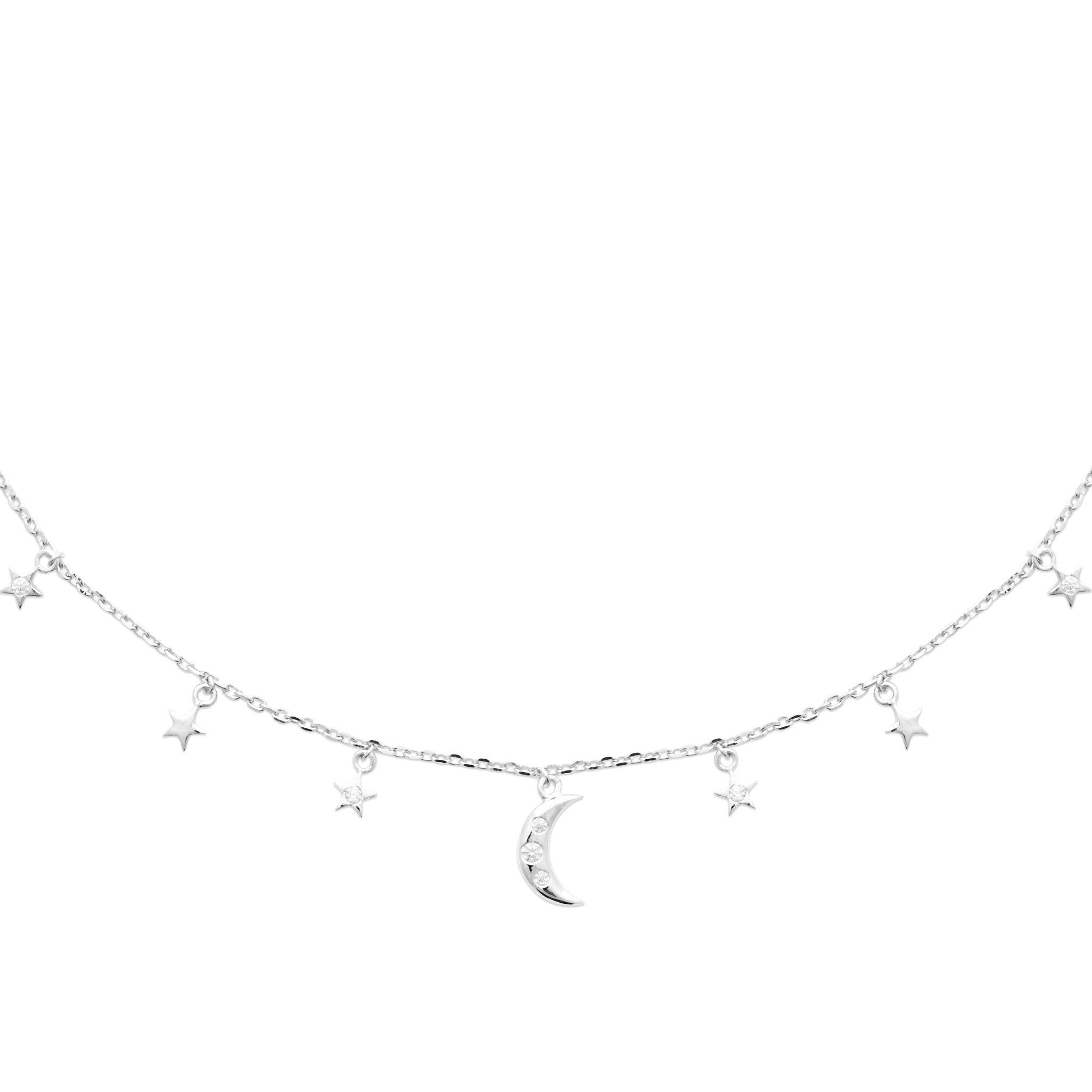 Collier argent 925 zircons pampilles lune étoiles Stella - Bijou photographié sur fond blanc 