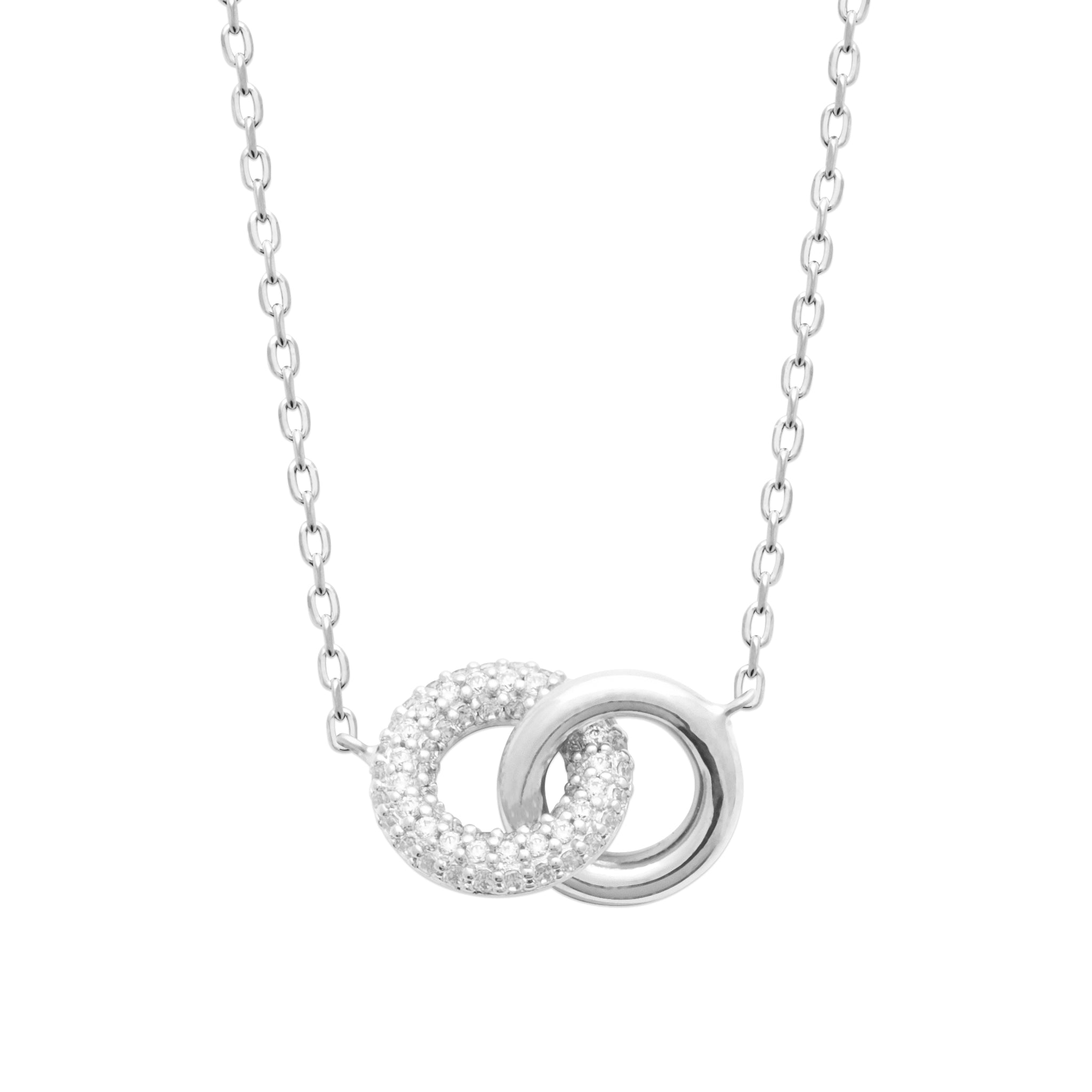 Collier argent Kaya anneaux entrelacés avec zircons - Bijou photographié sur fond blanc