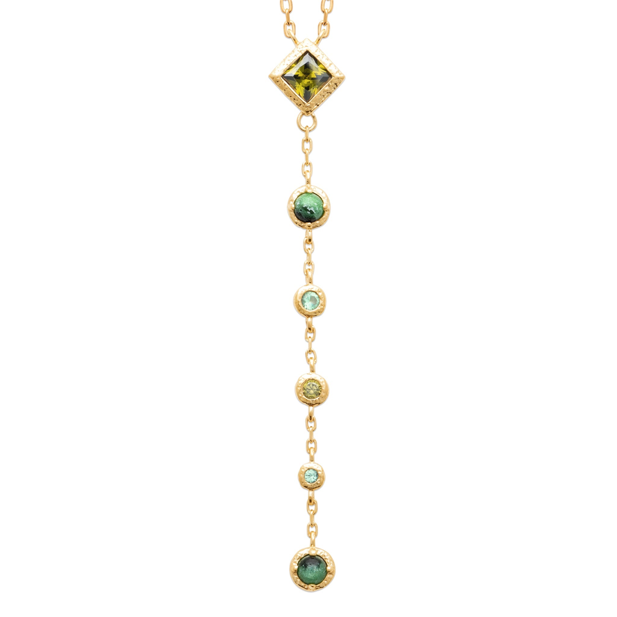Collier doré Clotilde cravate plongeant zircons et pierres naturelles - Bijou photographié sur fond blanc 