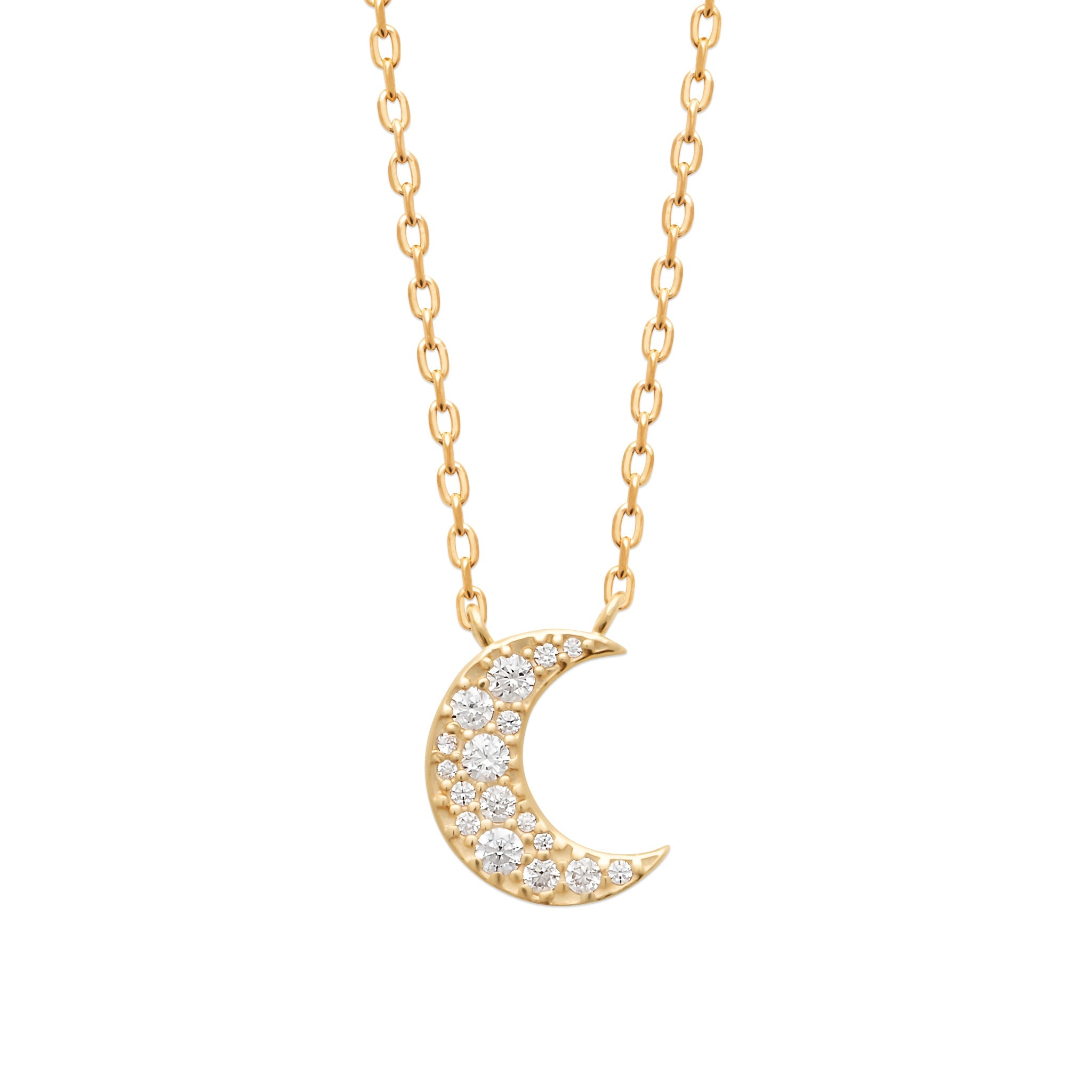 Collier doré avec zircons et un pendentif lune - Bijou photographié sur fond blanc 