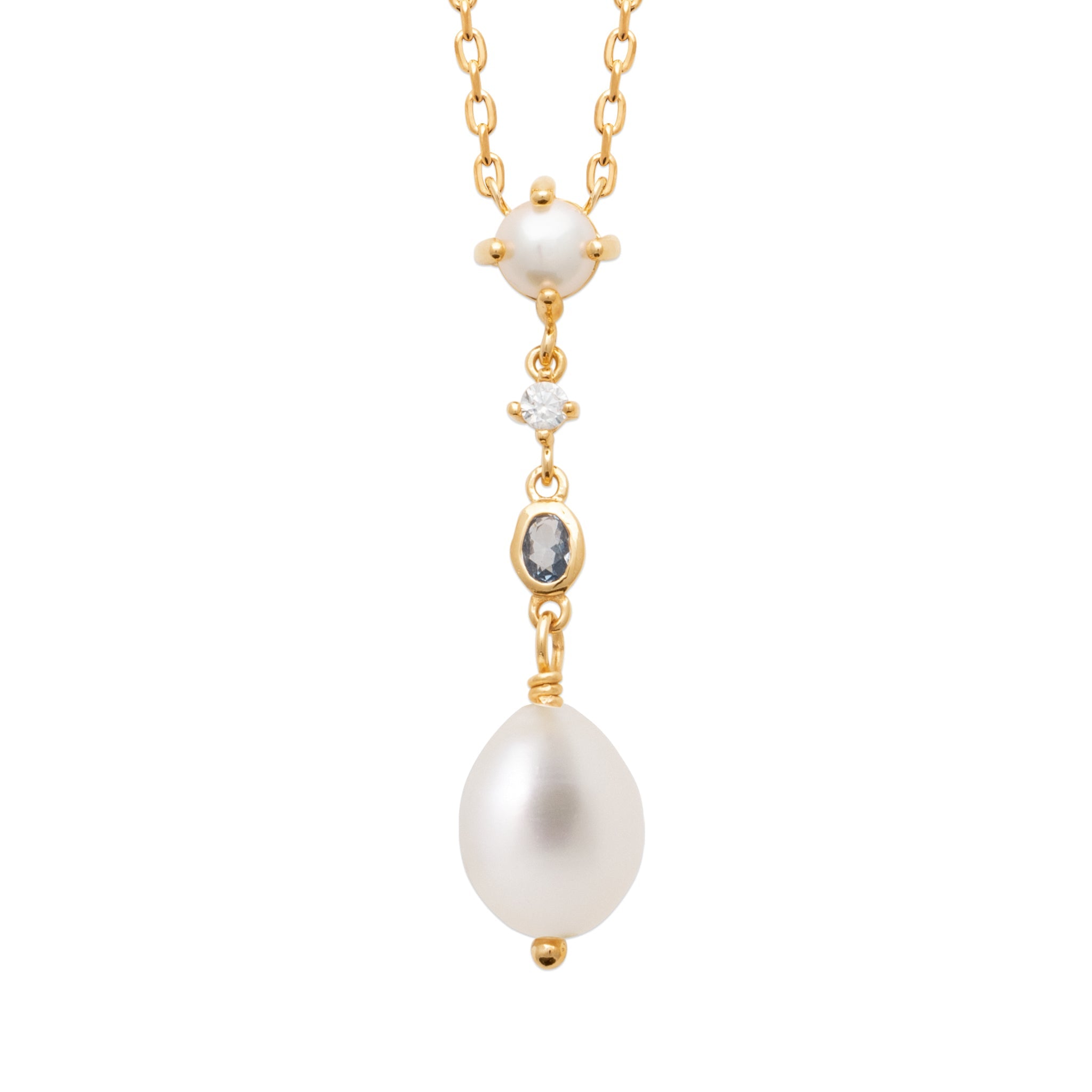 Collier doré pendentif nacre et zircons bleu et blanc Andrea - Bijou photographié sur fond blanc