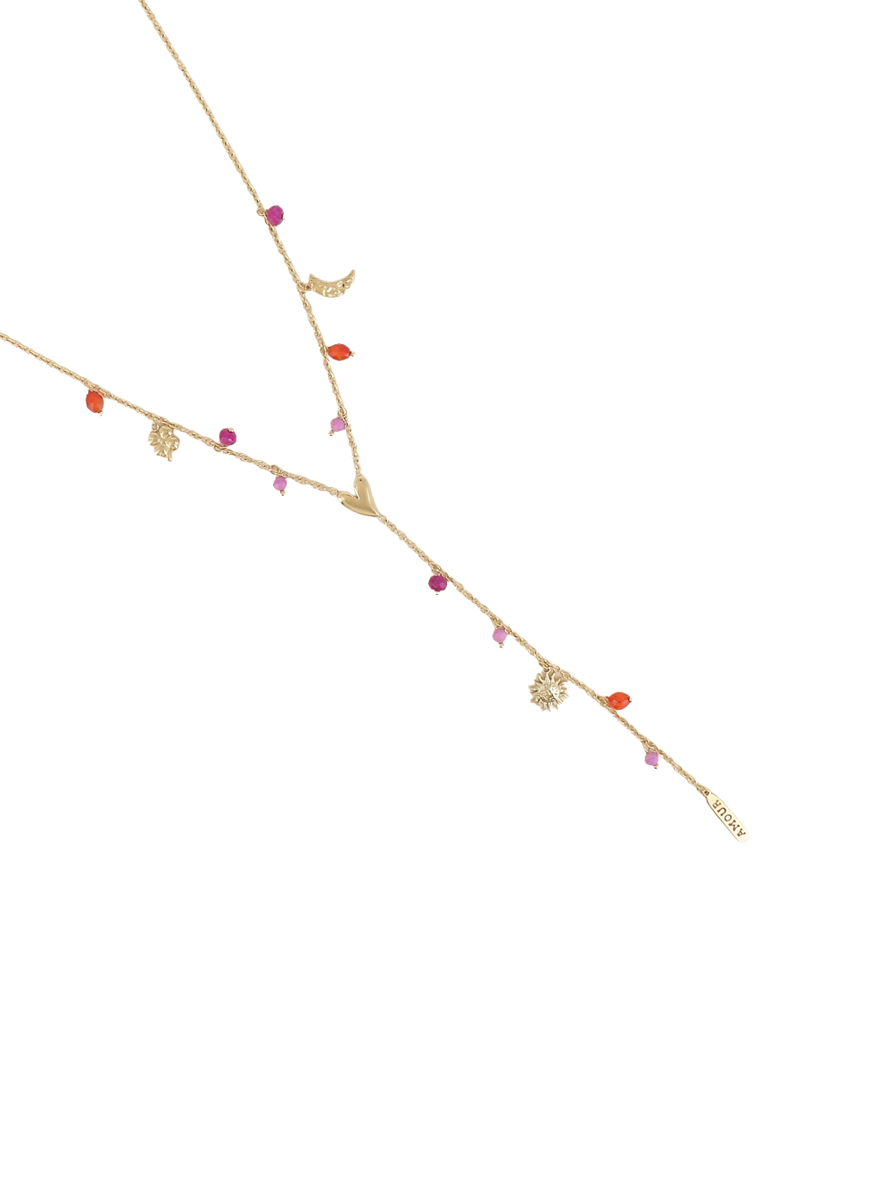 Collier doré sautoir Solal cravate orné de pendentifs cœur, lune, trèfle, soleil, amulette "amour" et pierres naturelles - Bijou sur fond blanc