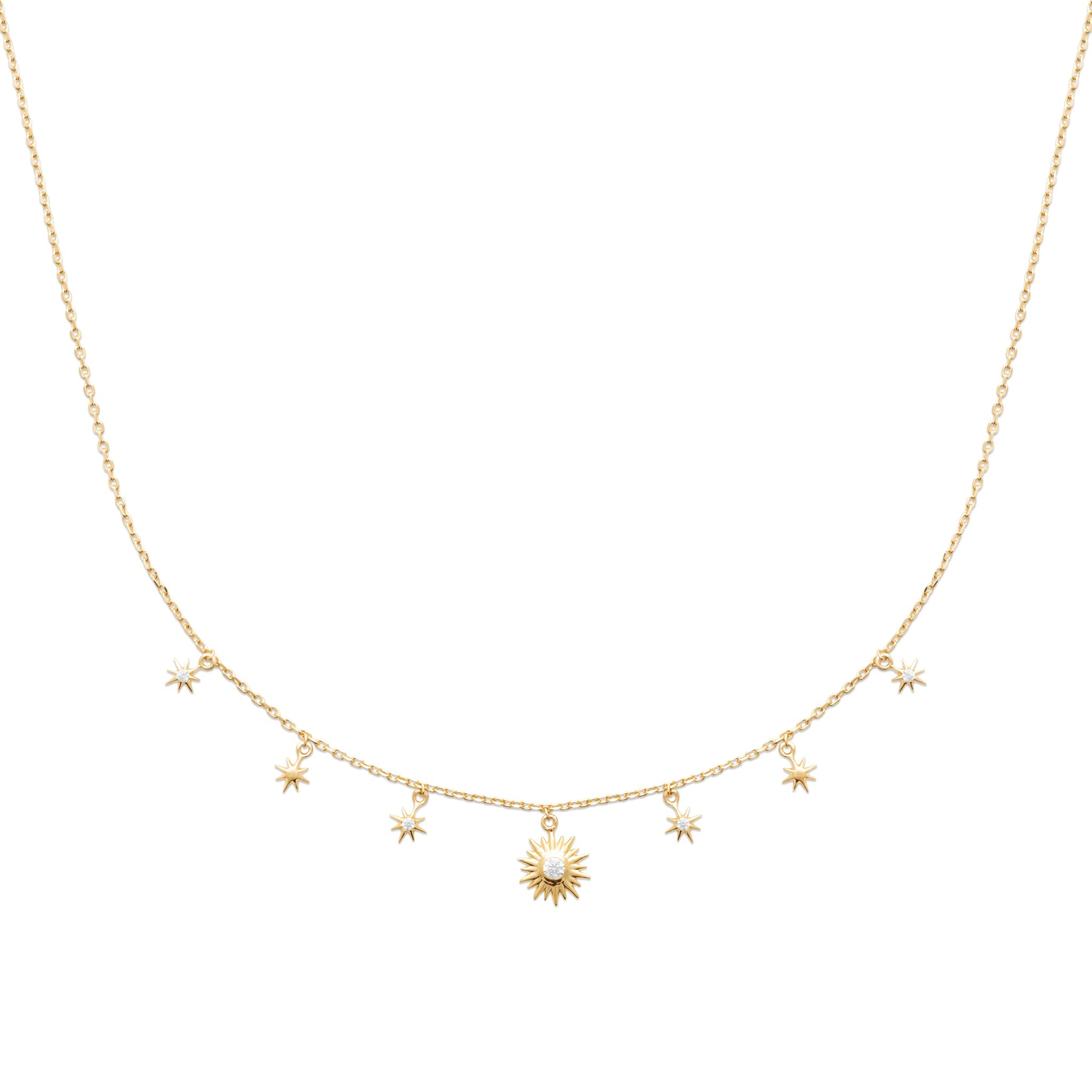 Collier doré et zircons Celeste pampilles étoiles soleil - Bijou photographié sur fond blanc 