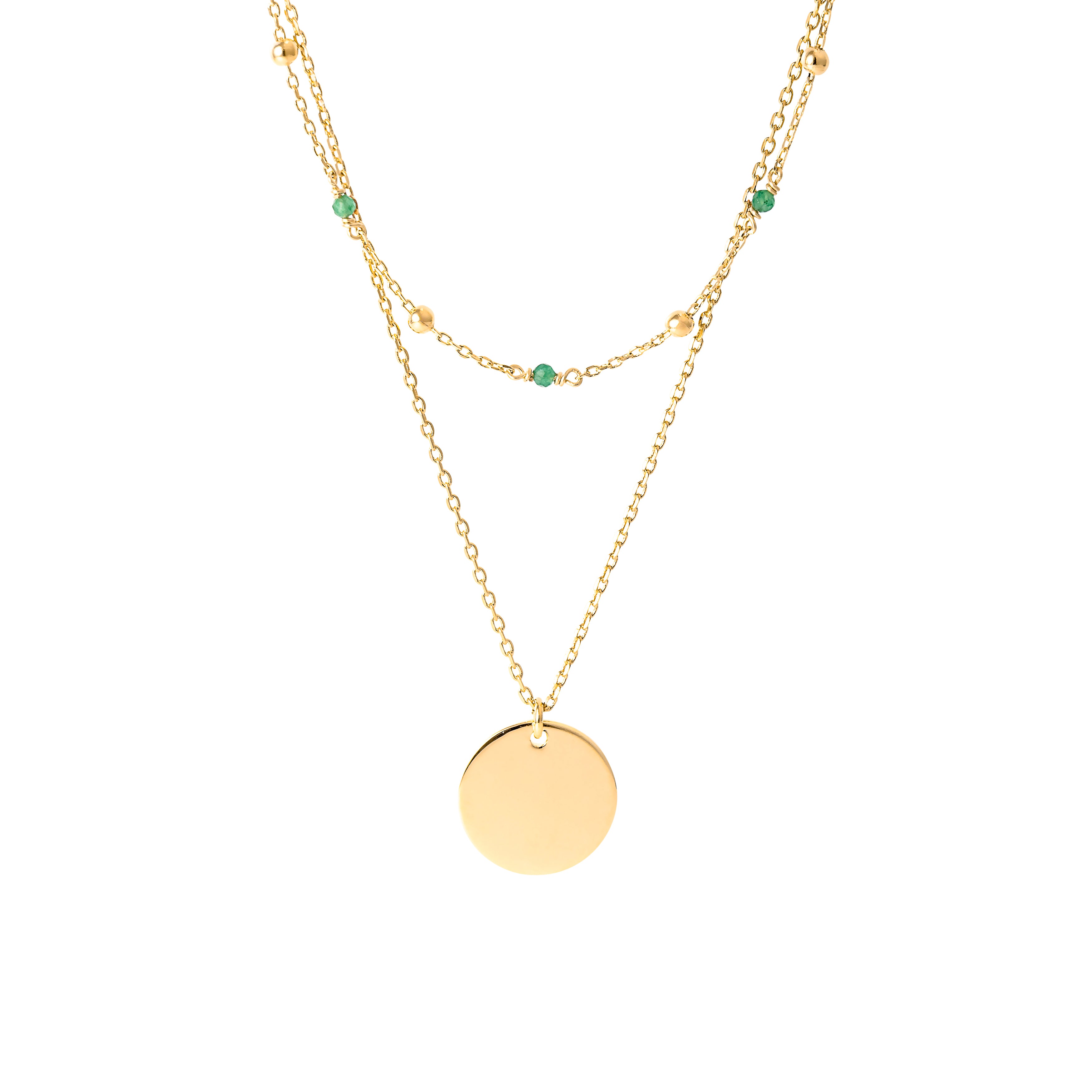 Collier double personnalisable dore perle agate verte Ava - Bijou photographié sur fond blanc