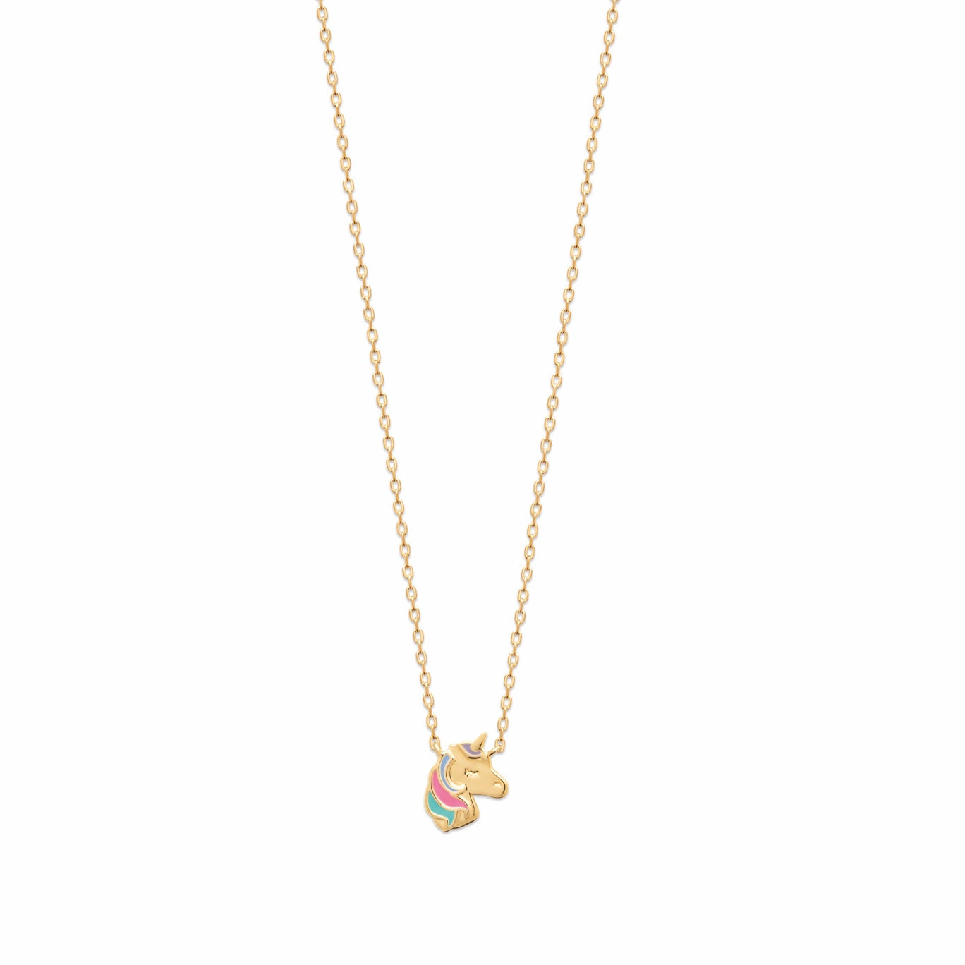 Collier pour enfant doré avec un pendentif Licorne - Bijou photographié sur fond blanc 