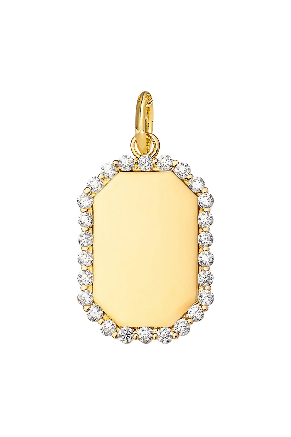 Médaille rectangulaire Sarah dorée avec bordure sertie de zircons pour gravure - Bijou sur fond blanc
