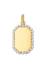 Médaille rectangulaire Sarah dorée avec bordure sertie de zircons pour gravure - Bijou sur fond blanc